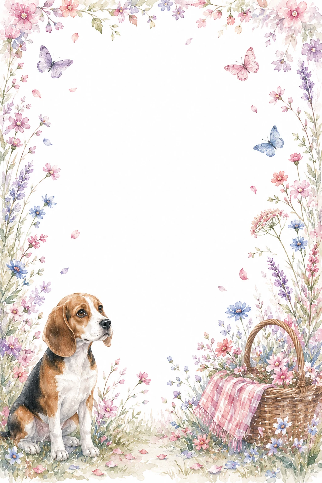 Watercolor border page featuring a Beagle in a spring meadow setting, with a blank center and no text or watermark.