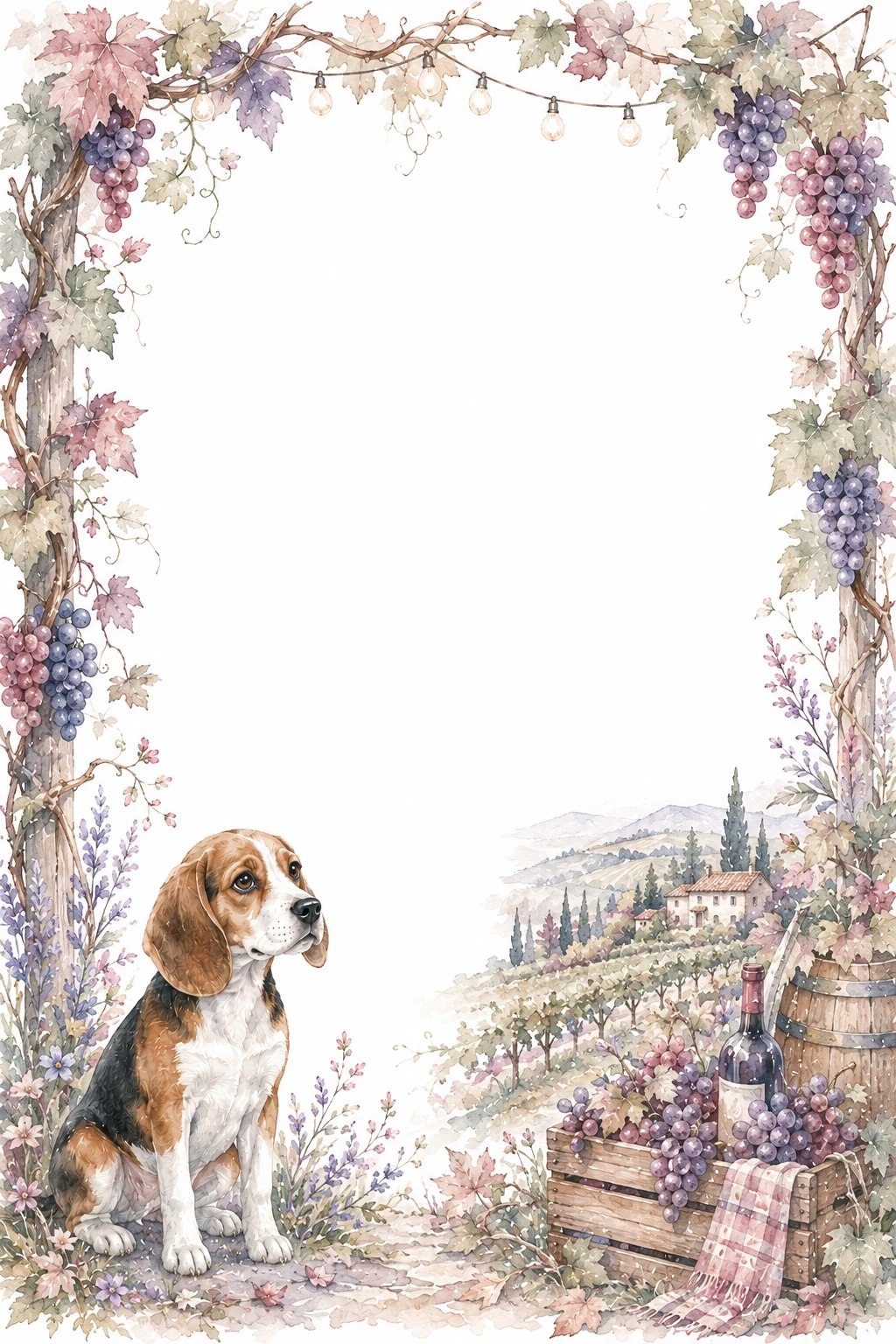 Watercolor border page featuring a Beagle in a vineyard setting, with a blank center and no text or watermark.