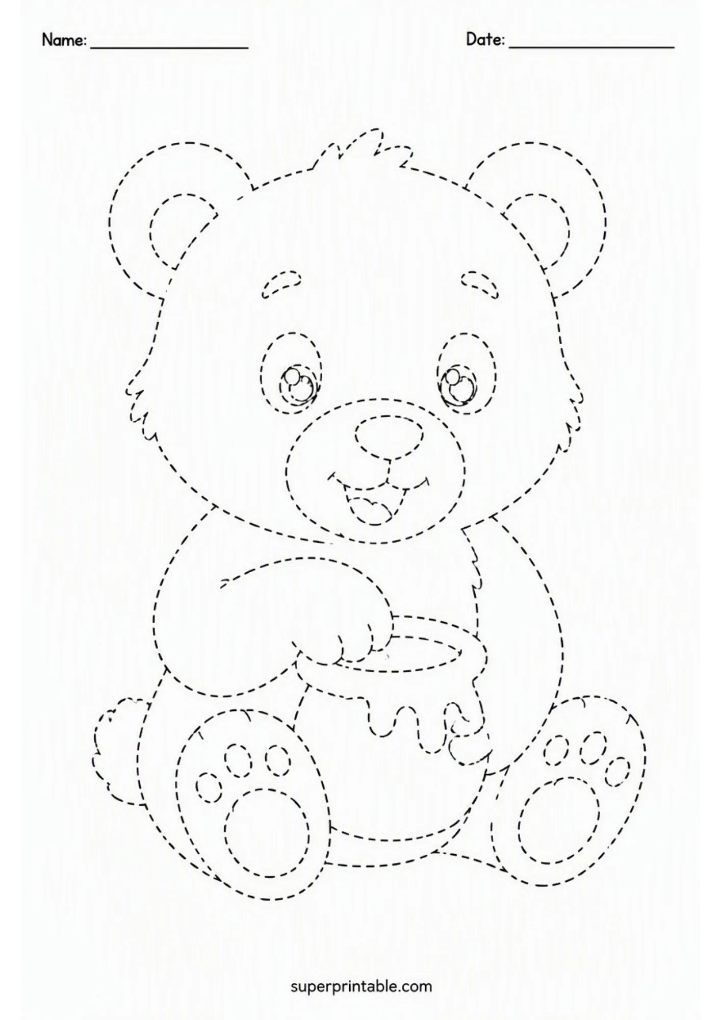Dashed line illustration of a bear holding honey to trace.
