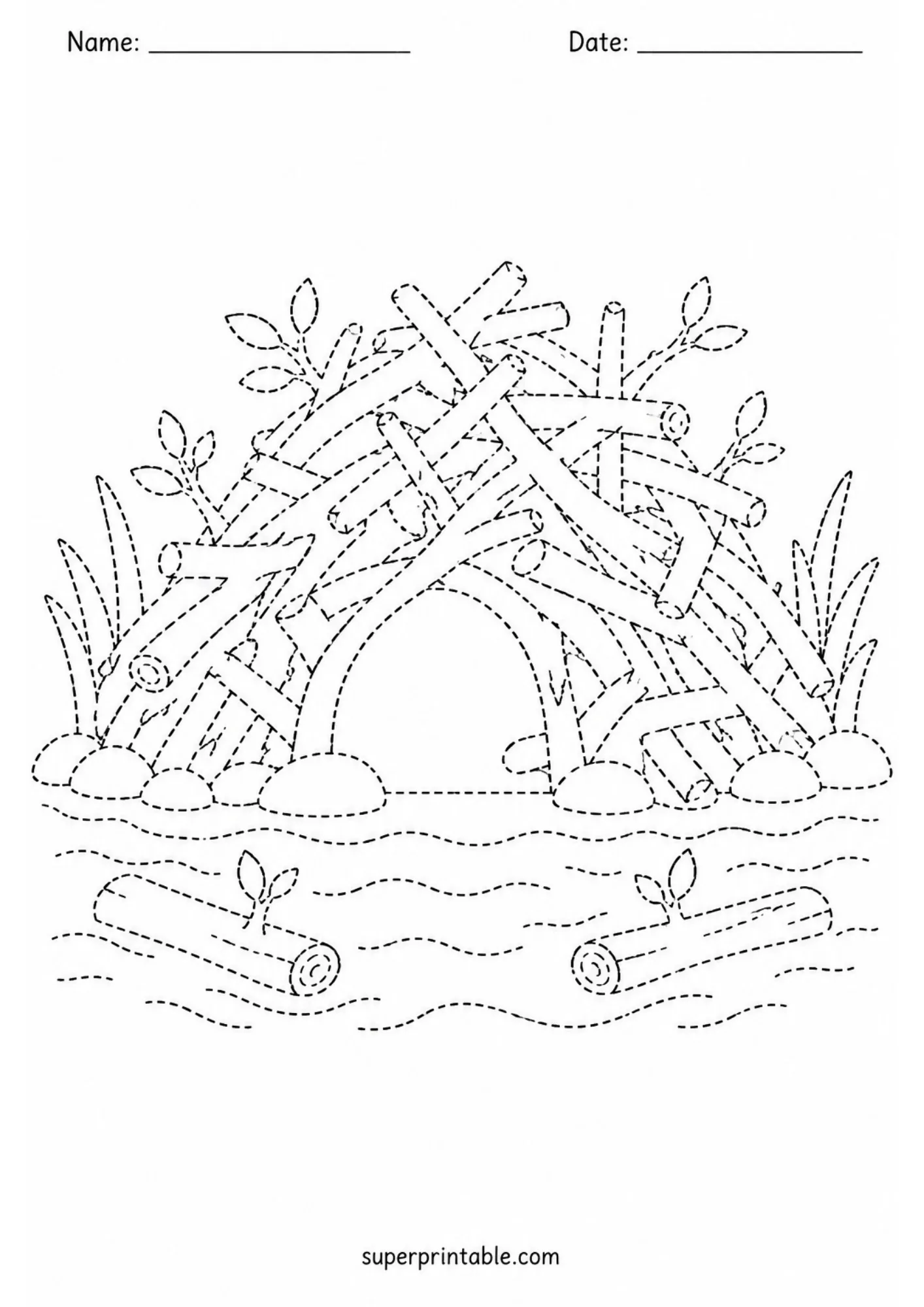 Detailed beaver lodge tracing printable made of stacked wooden logs and floating sticks.
