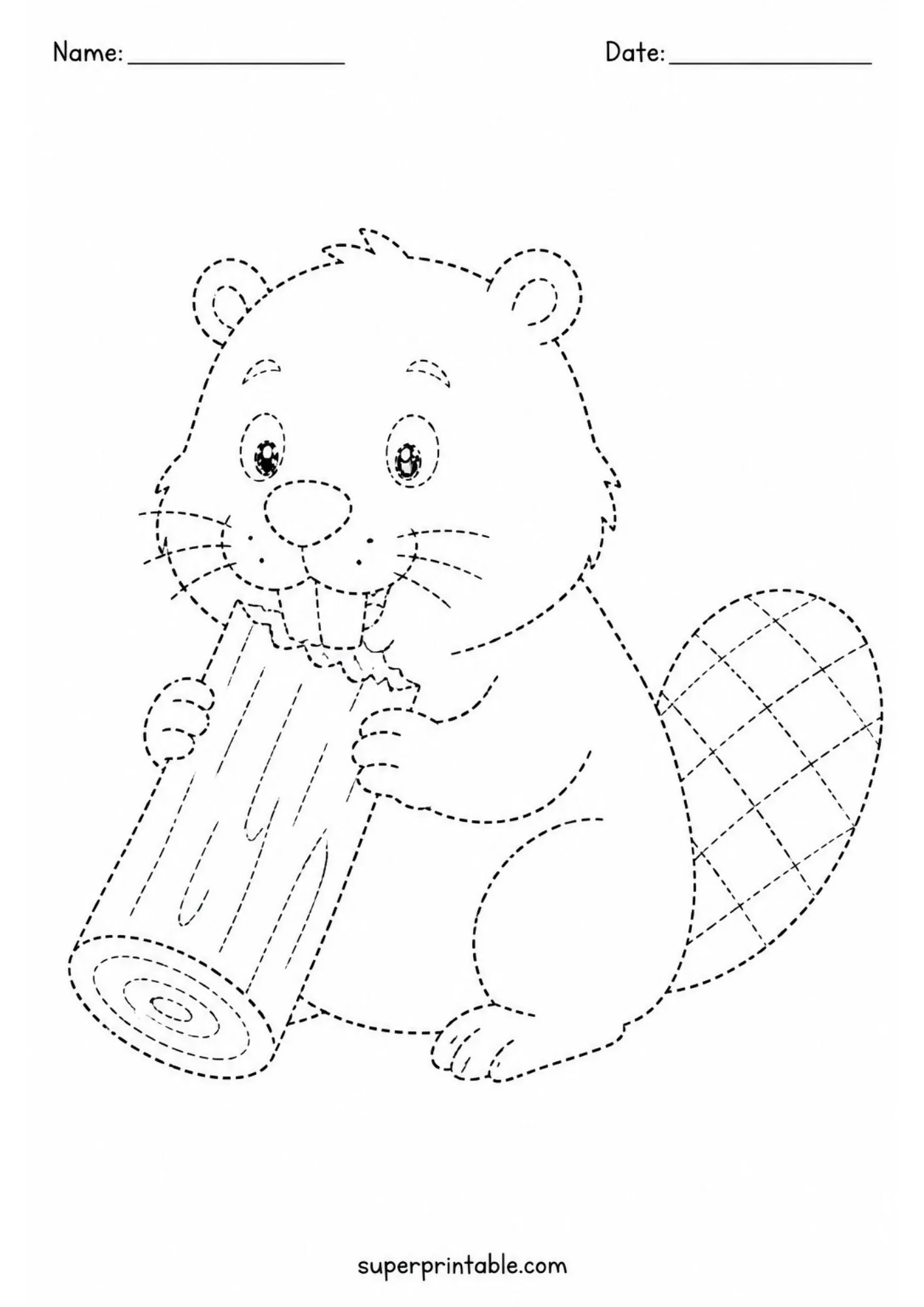 Happy beaver holding a log in these forest animal tracing pages.