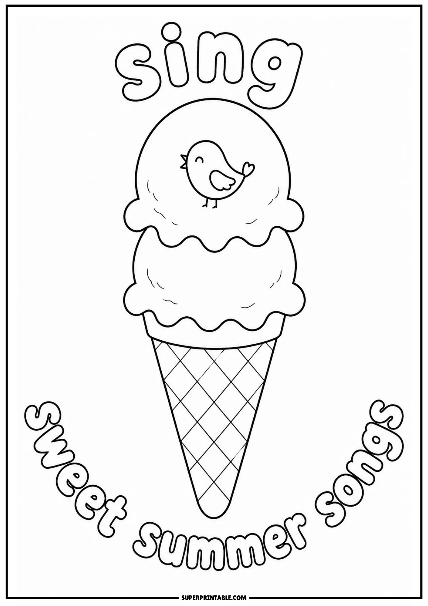 Bee and leaf decorated ice cream cone with simple details for children to color