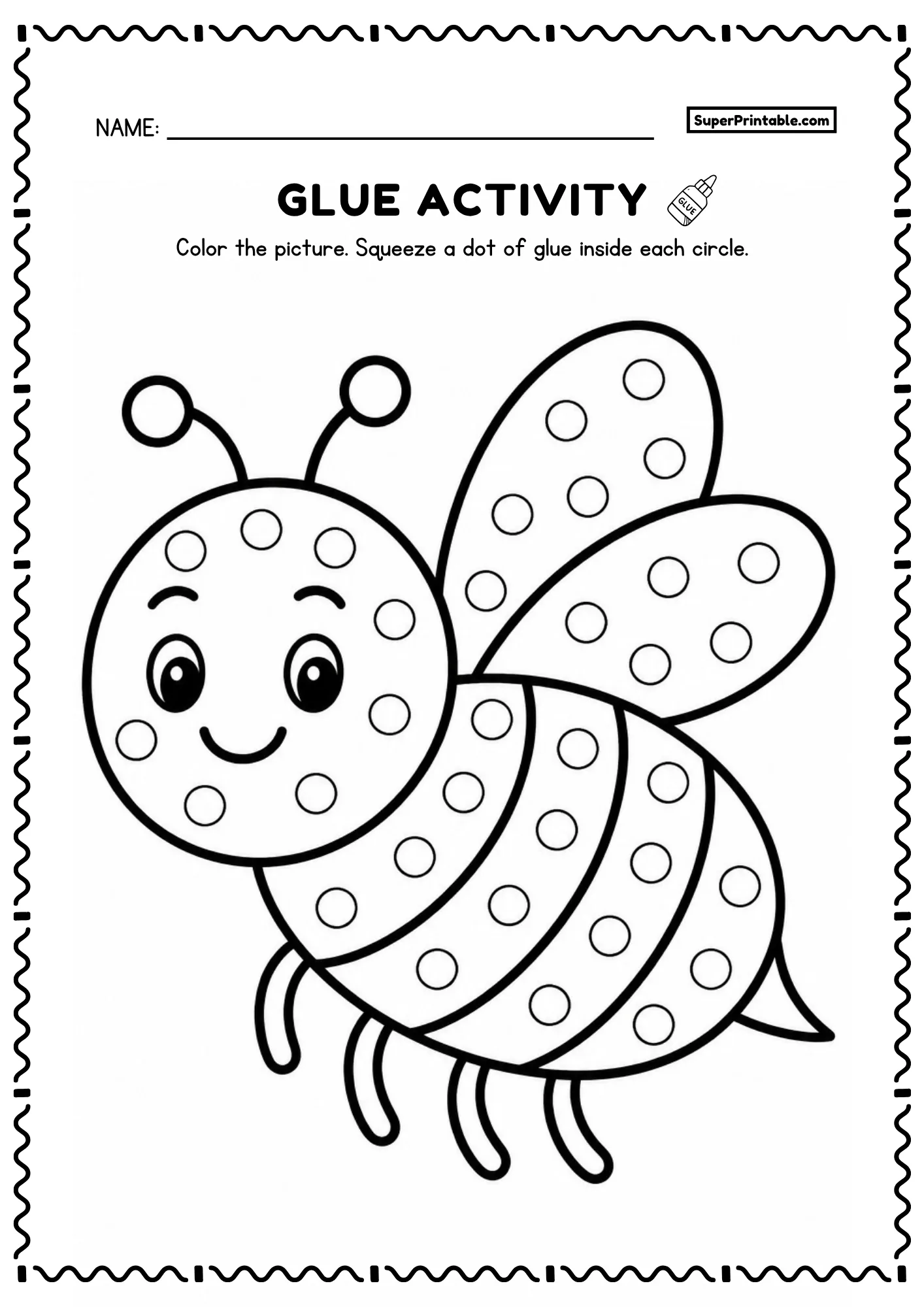 Dot glue insects worksheet featuring a cute smiling bee with striped body and dot circles for preschoolers