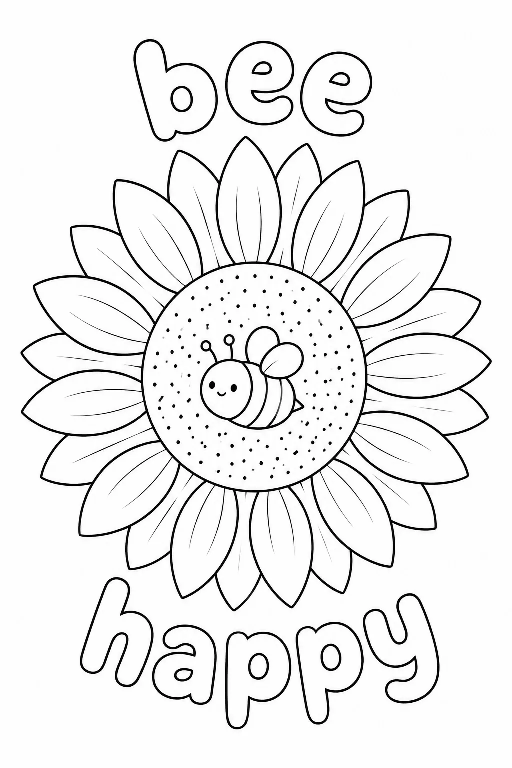 Cute bee happy sunflower coloring page featuring a smiling bumblebee and cheerful text.