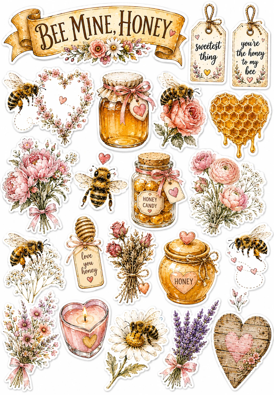 Bee Mine Honey Heart Jar Blossoms Sheet featuring honeybees, beekeeping, honey jars, wildflowers, and honeycombs.