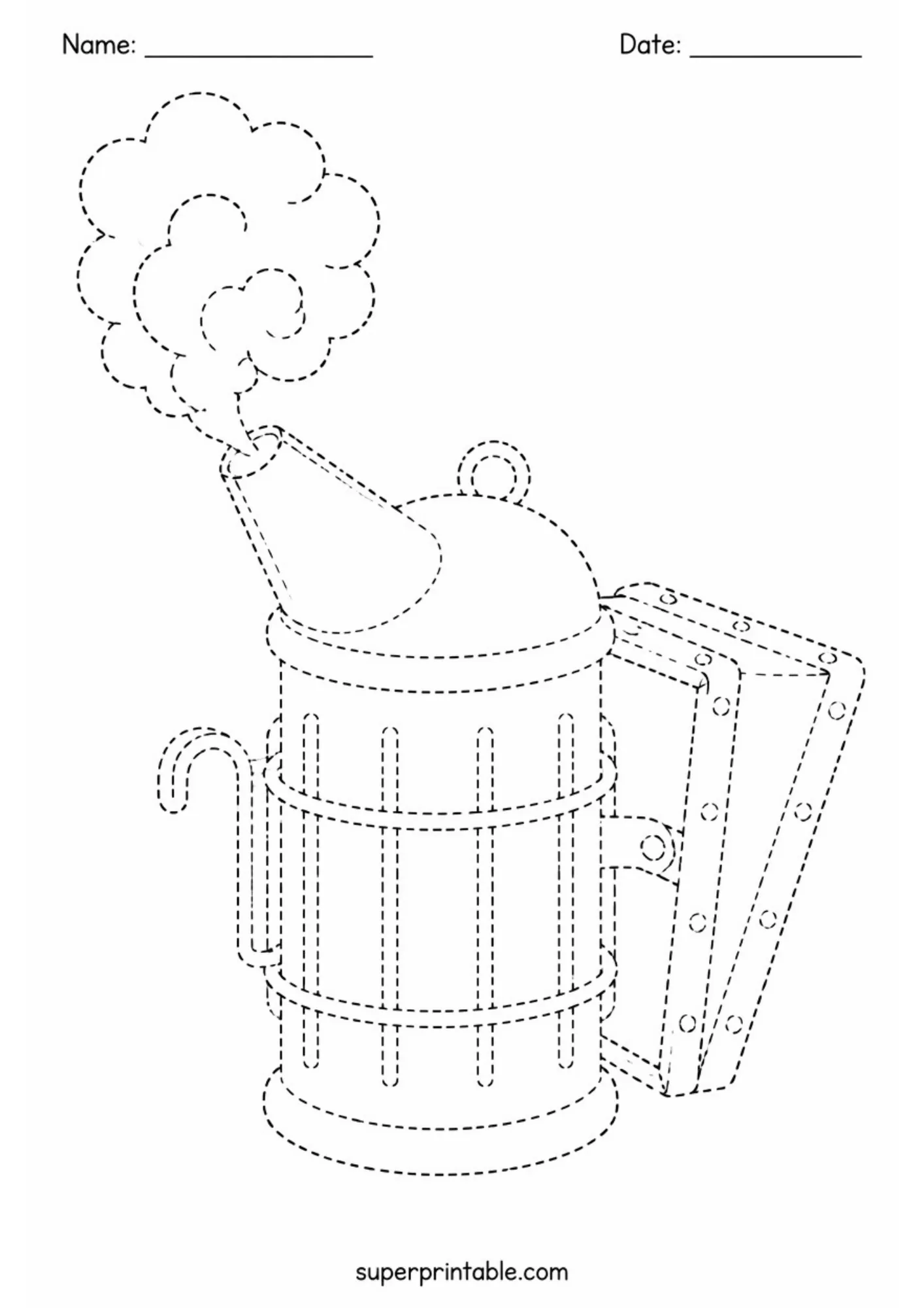 Beekeeping activity worksheets showing a dashed outline of a metal bee smoker with smoke clouds.