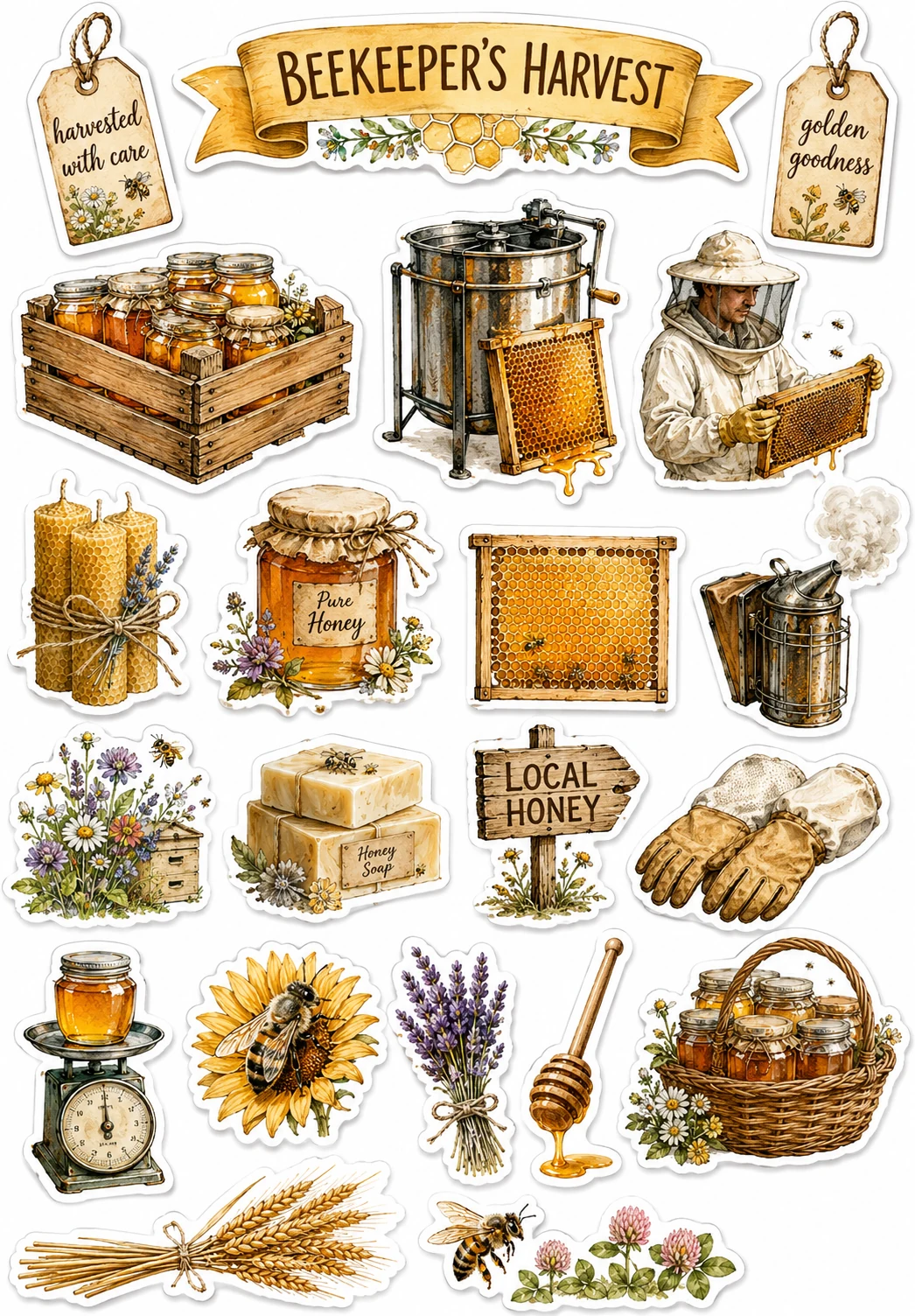 Beekeeper Harvest Suit Hive Scale Sheet featuring honeybees, beekeeping, honey jars, wildflowers, and honeycombs.