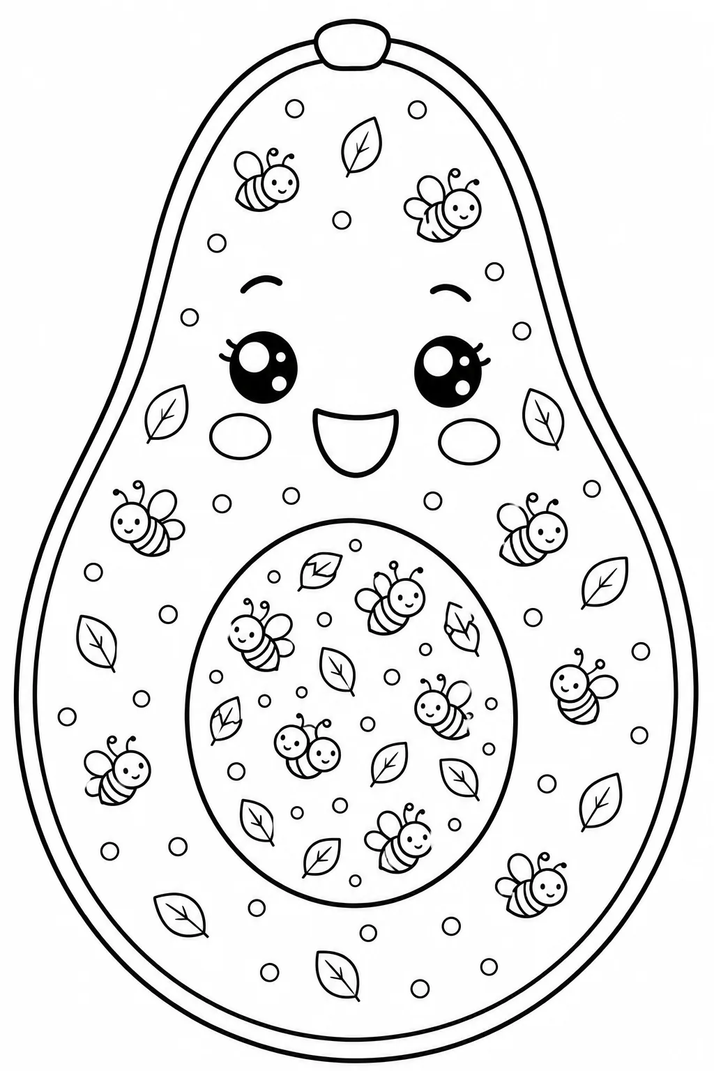 Smiling avocado covered in a pattern of tiny bees and small leaves.