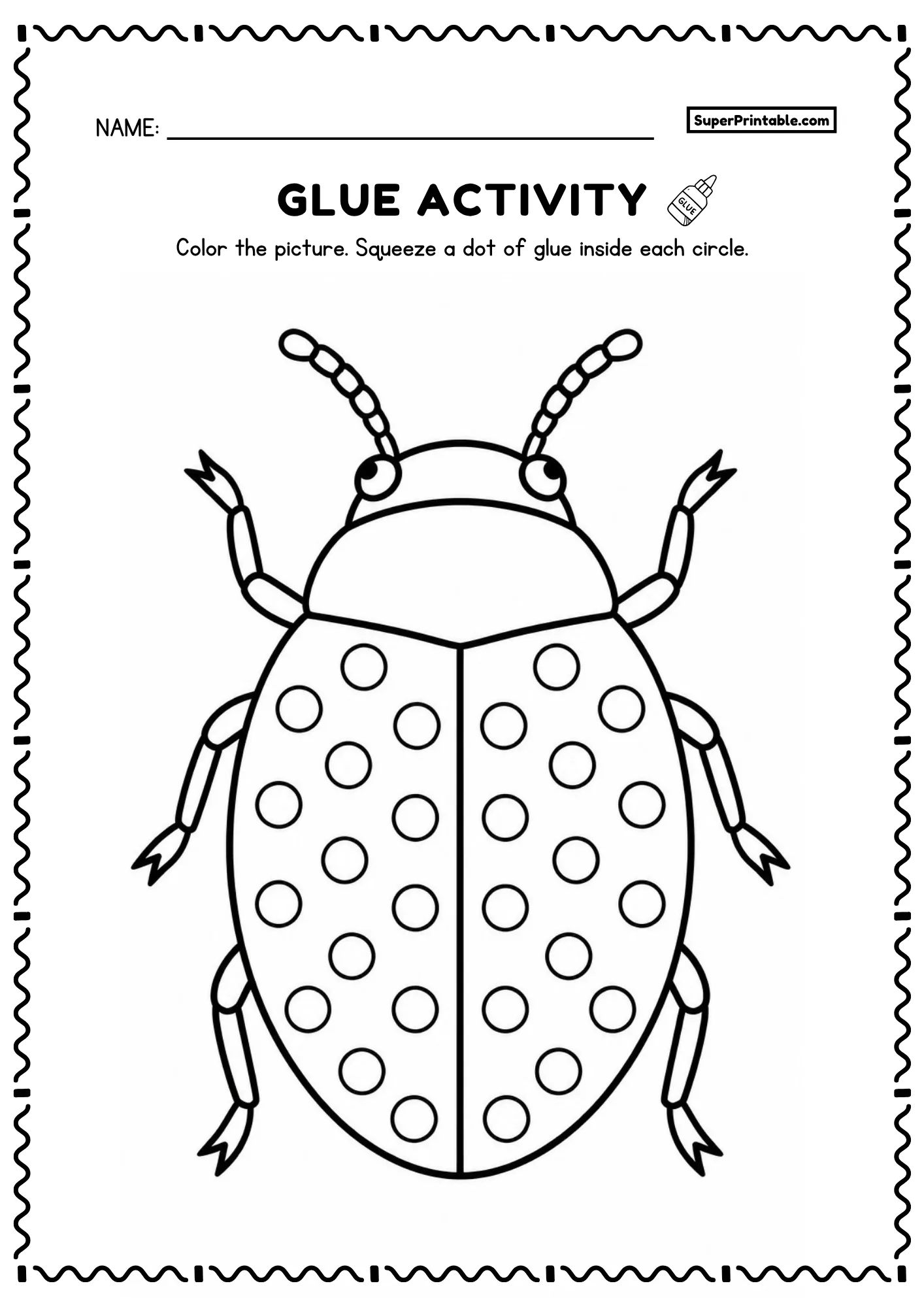 Dot glue insects worksheet featuring large oval beetle with domed shell and dot circles for preschoolers