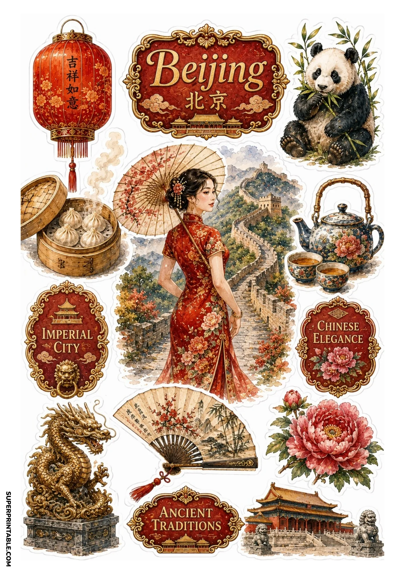 Printable Beijing sticker sheet showing Great Wall of China, panda, and Temple of Heaven
