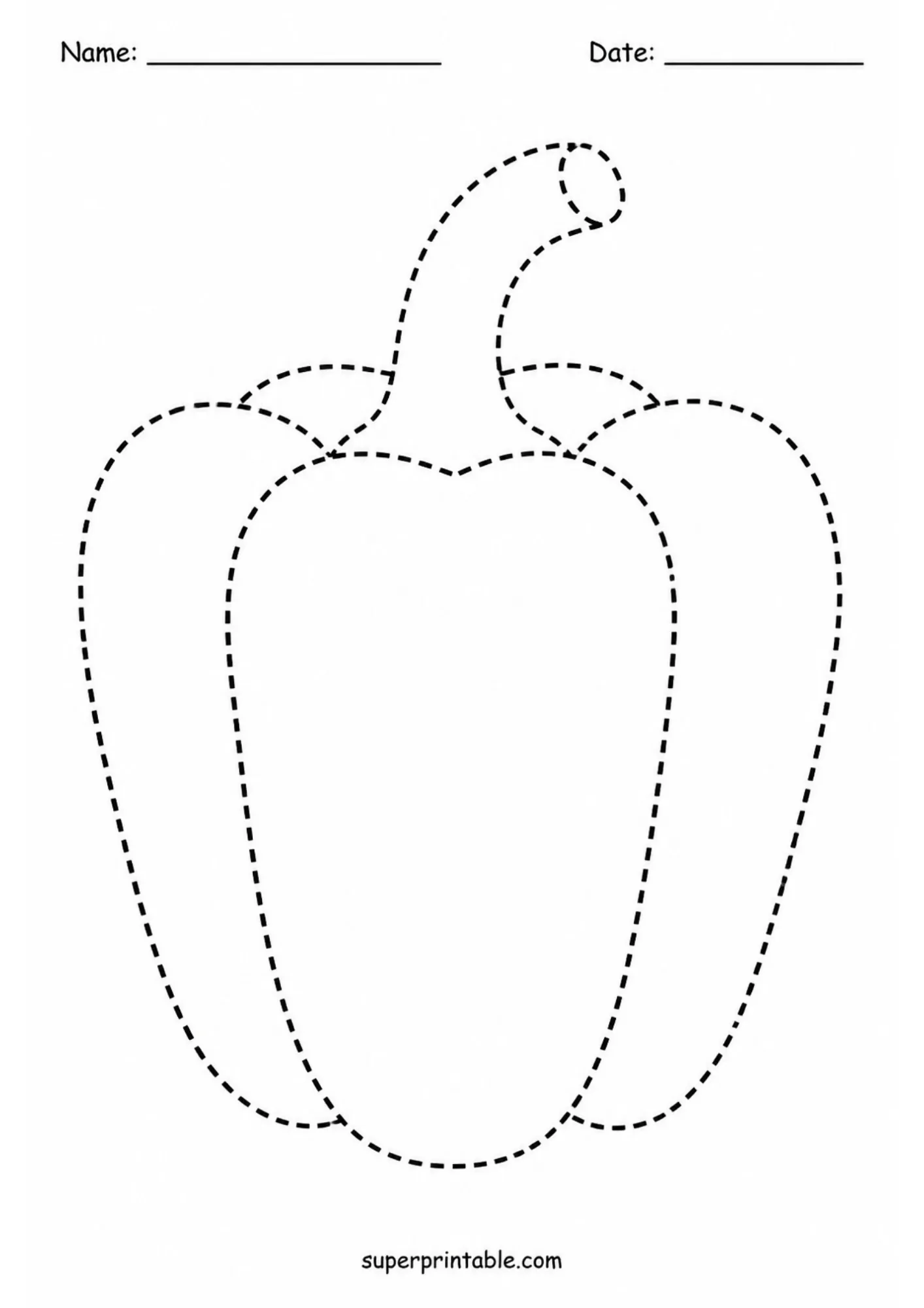 Lobed bell pepper capsicum drawing with curved stem in dashed lines.
