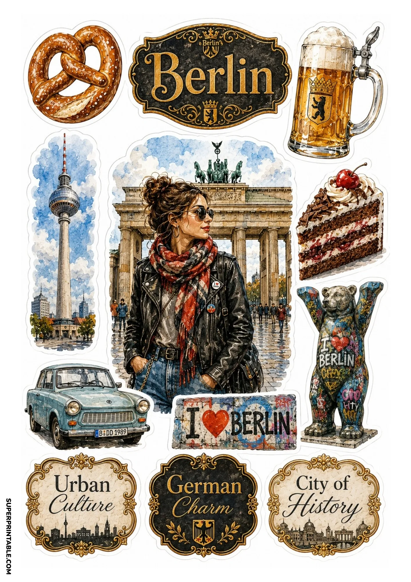 Berlin travel sticker sheet featuring Brandenburg Gate, Ampelmann, and currywurst