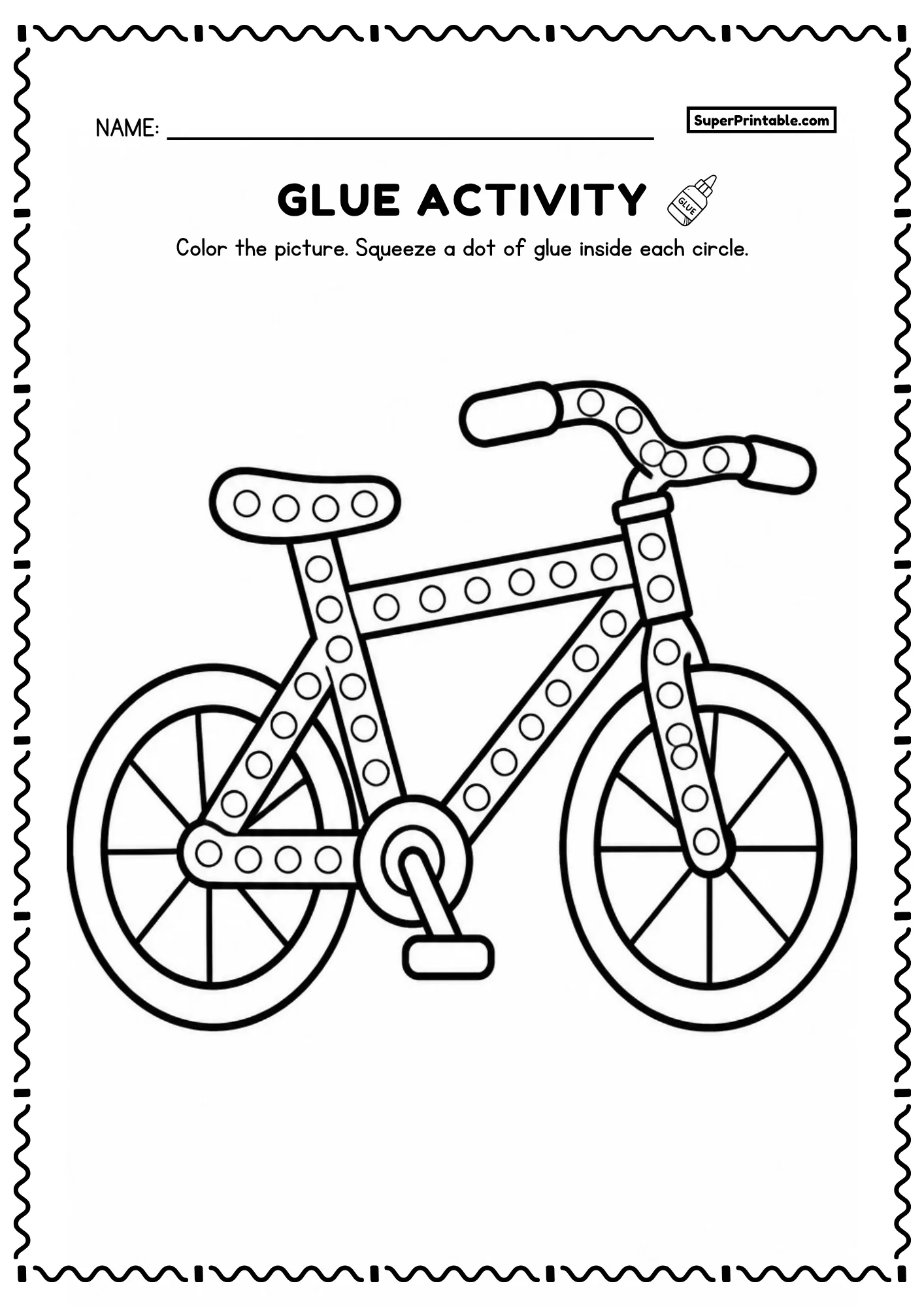 Bicycle coloring and glue dot worksheet with circles along the frame and handlebars