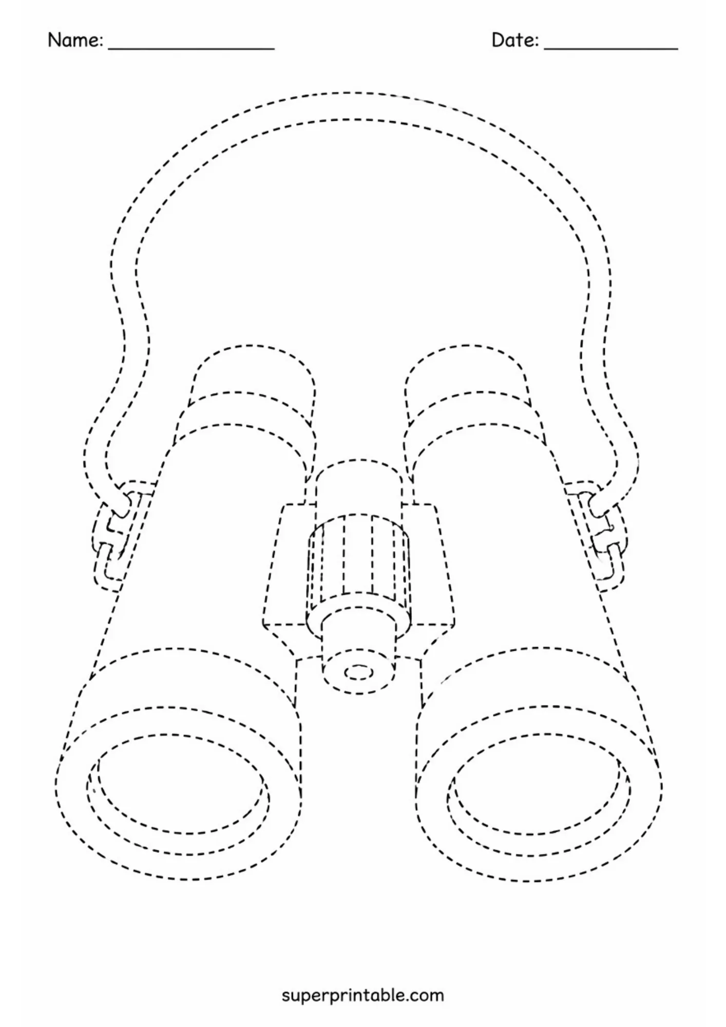 Dotted outline of binoculars for safari and adventure tracing practice.