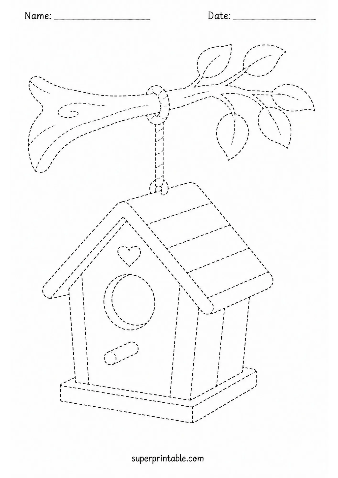 Dashed outline worksheet featuring a cute wooden birdhouse hanging from a leafy tree branch.