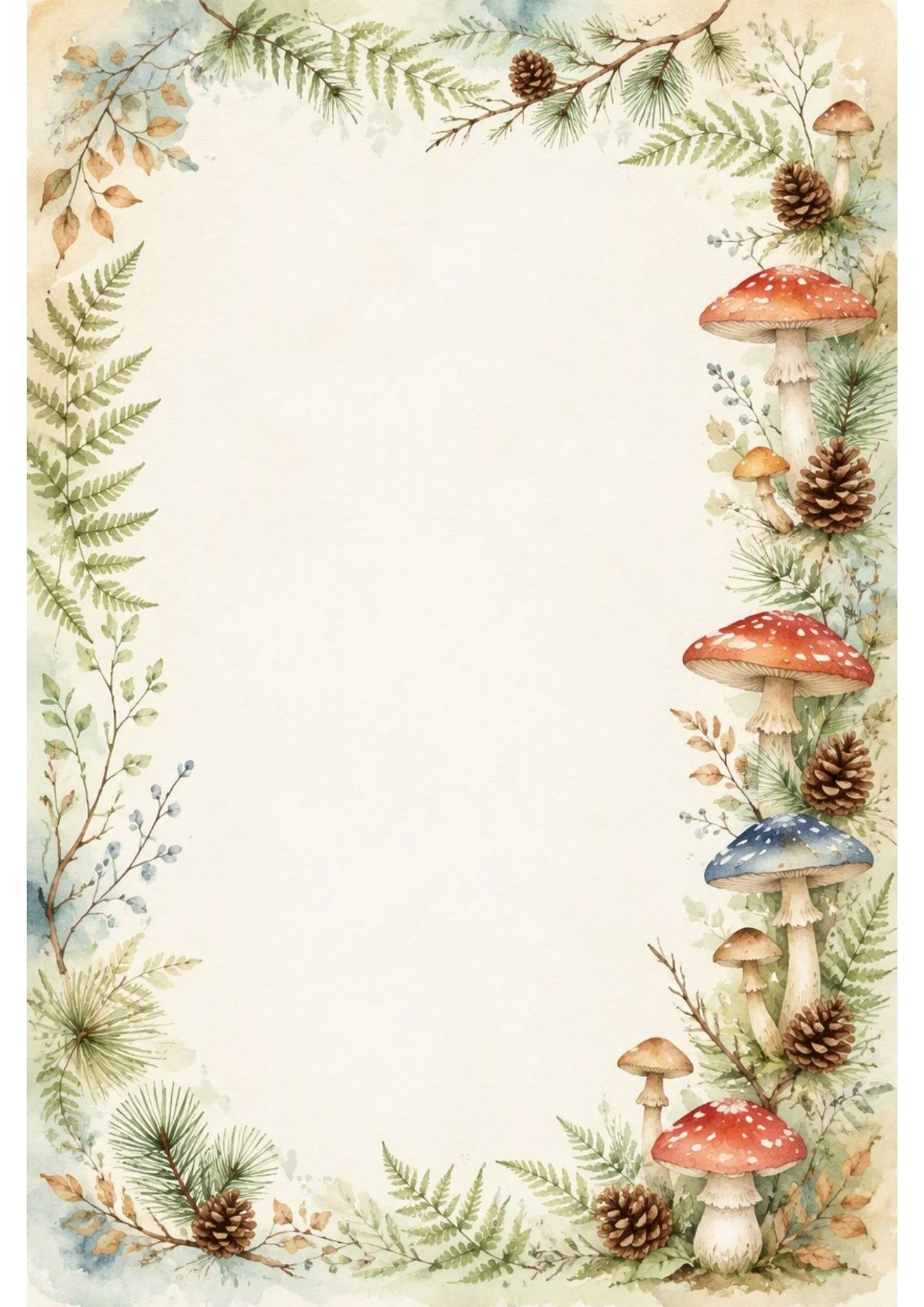 Watercolor border page with two small birds perched on a glowing lantern atop a tree stump, with red toadstools and fern fronds