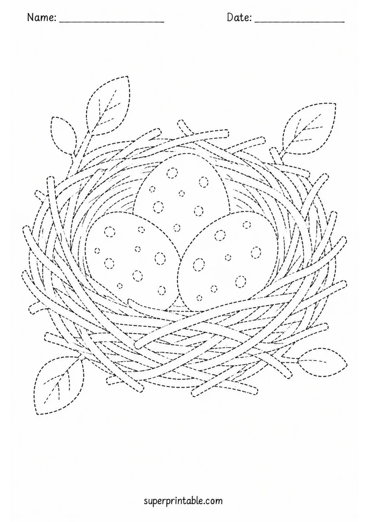 Interactive spring activity worksheets featuring a nest filled with three spotted bird eggs.
