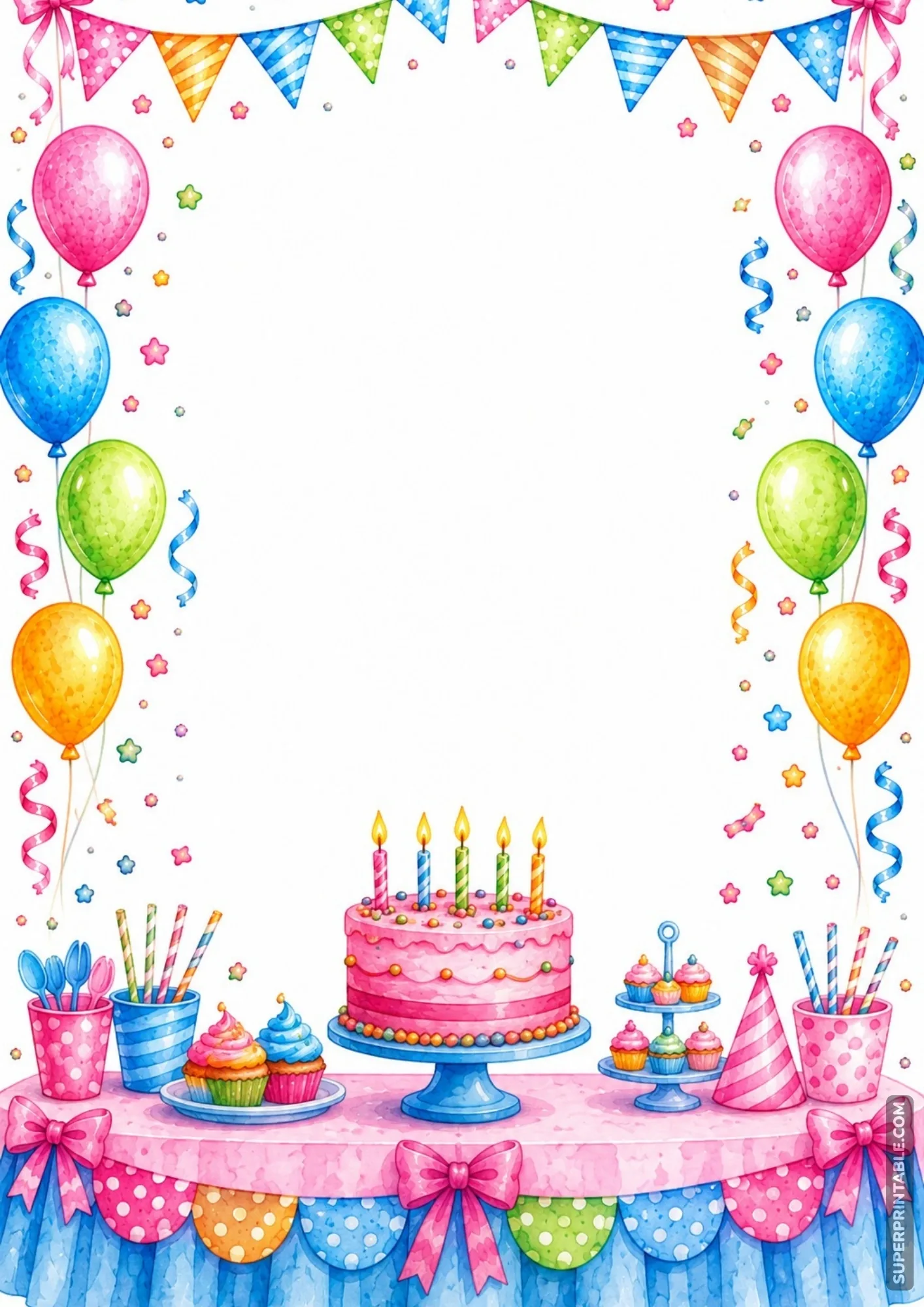 Vibrant birthday party border pages display featuring a dessert table with cake and cupcakes.