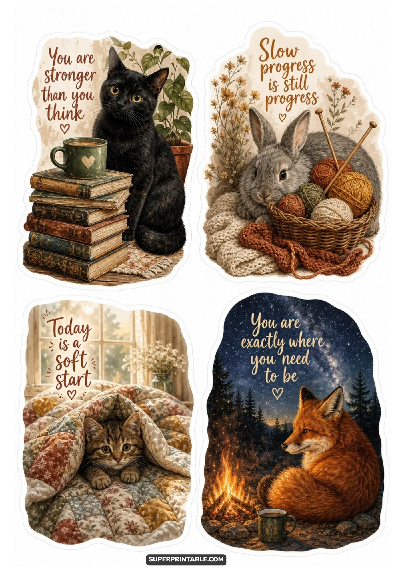 Printable cozy mental health stickers with animals and quotes.
