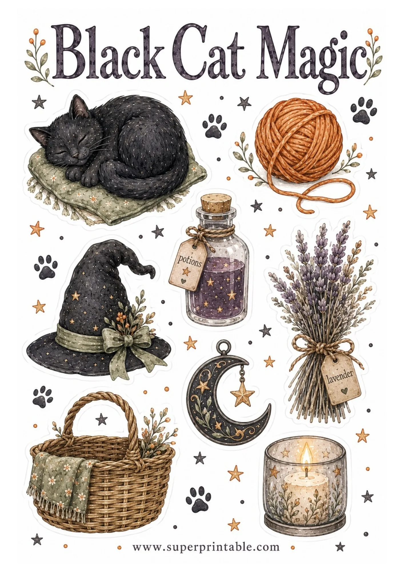 Printable black cat sticker sheet featuring watercolor sleeping cat on cushion, yarn ball, witch hat, potion bottle, lavender bundle, and crescent moon.