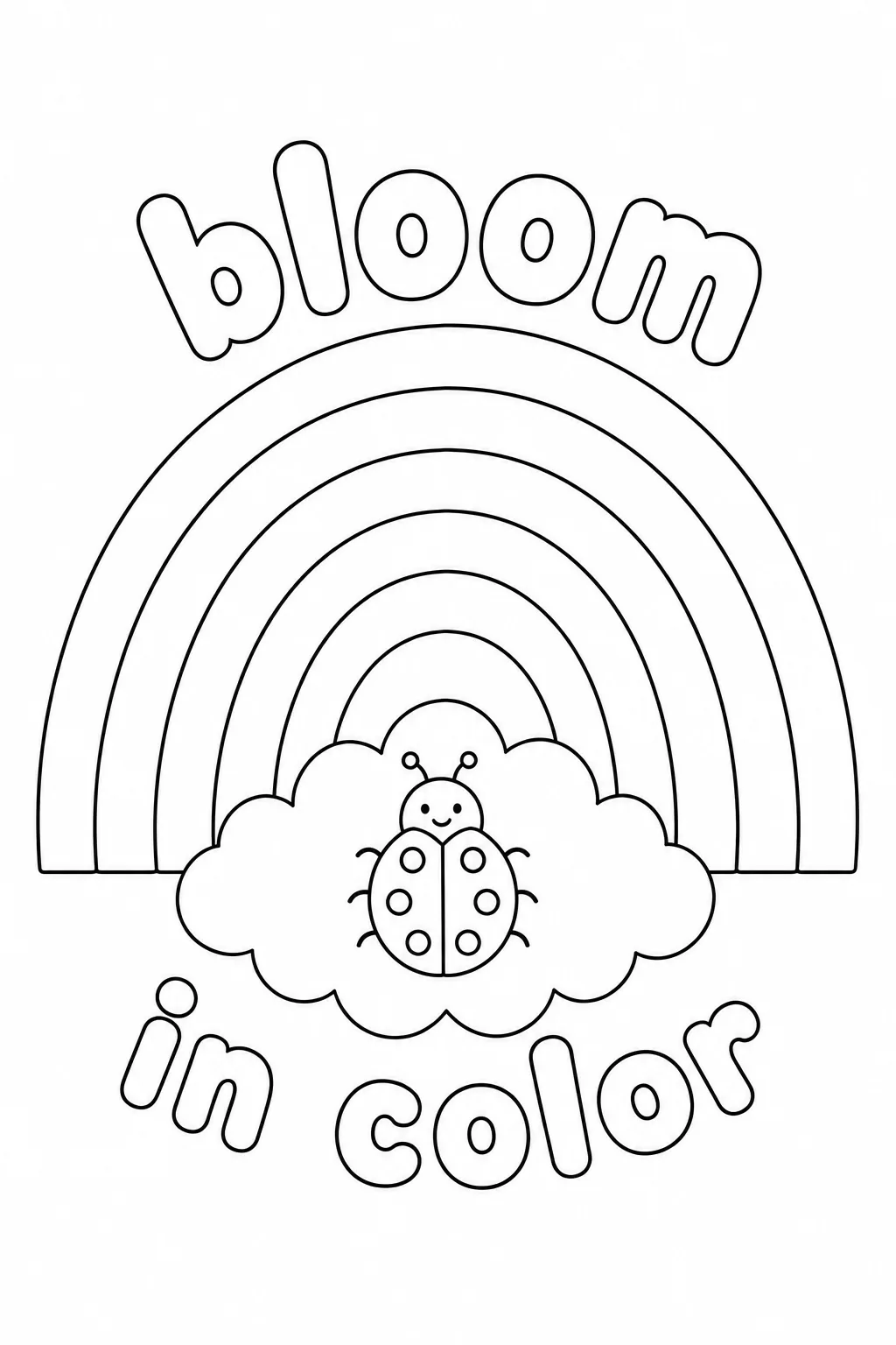 Bloom in Color rainbow page featuring a cute ladybug in the cloud
