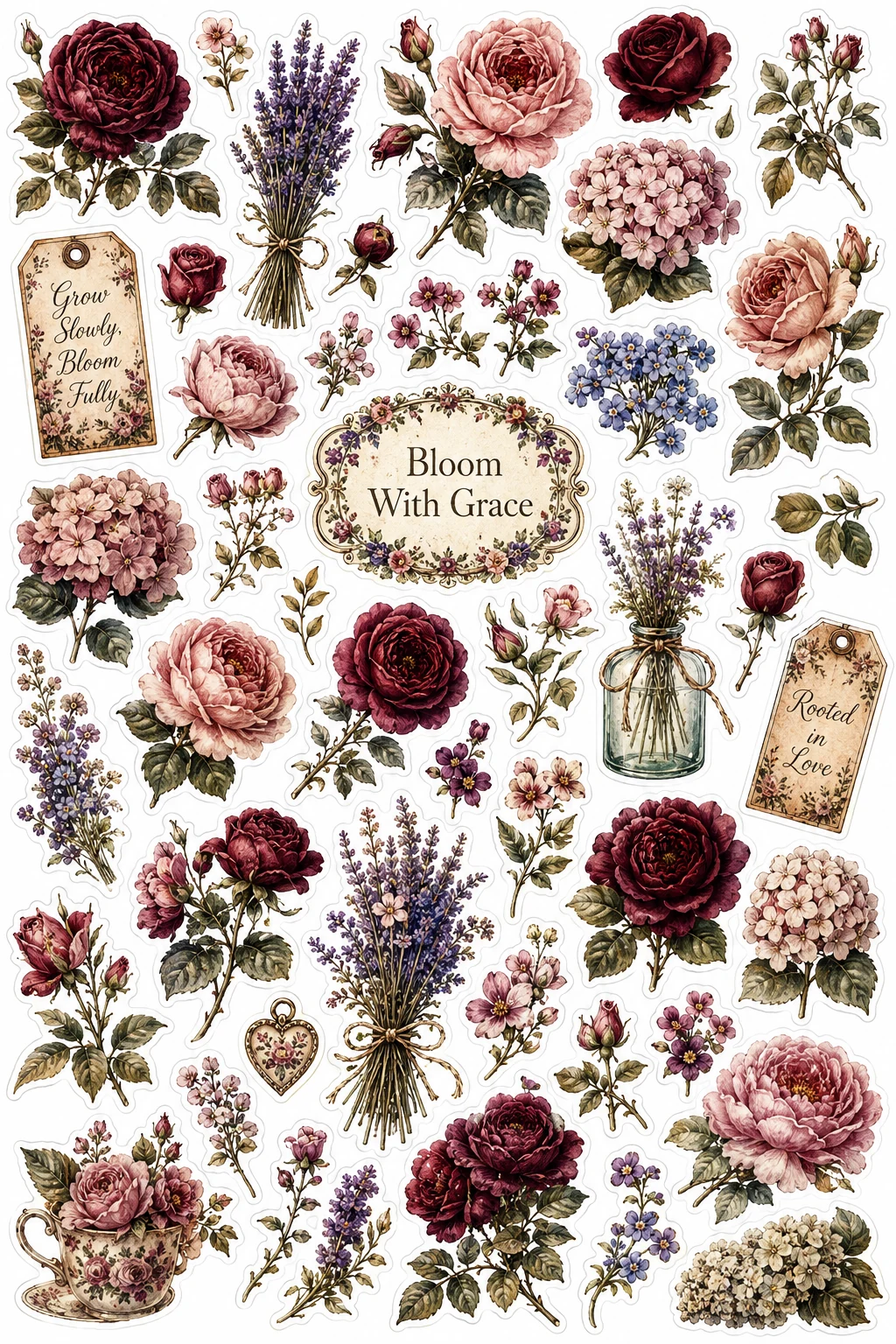 Bloom With Grace Rose Hydrangea Sheet featuring vintage botanical illustrations, garden roses, wildflowers, and herbs.