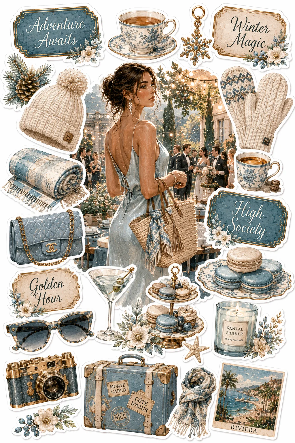 Woman in a blue backless evening dress at a garden party with blue macaron tower and trunk stickers.