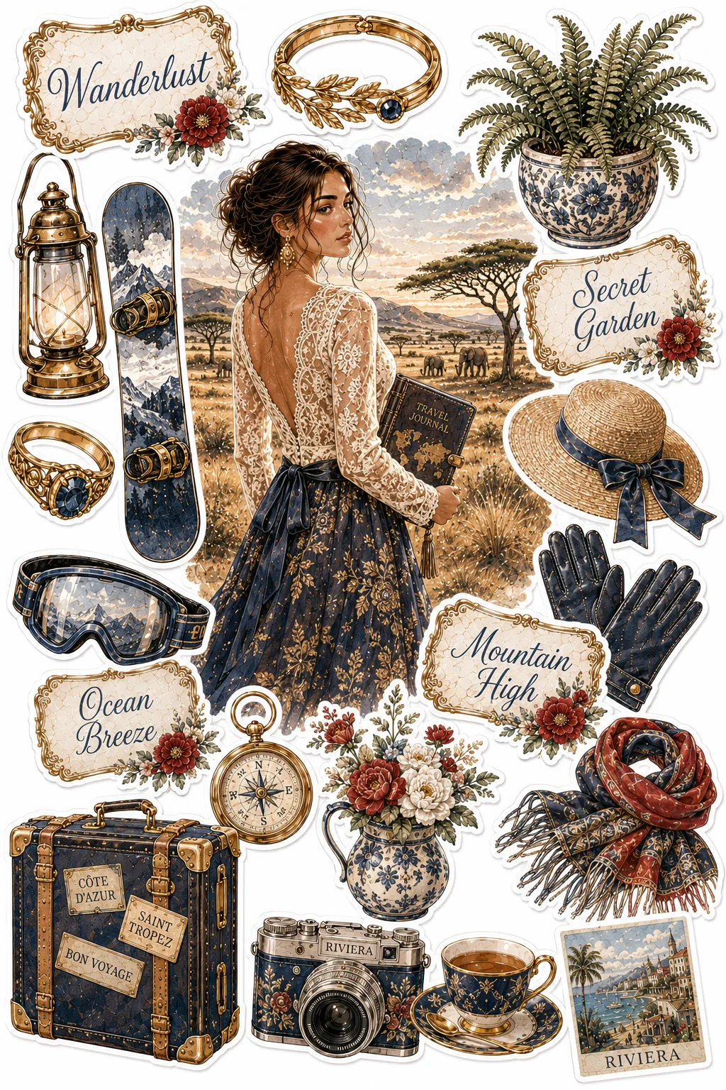 Woman in a white lace top holding a journal outdoors surrounded by navy blue travel stickers.