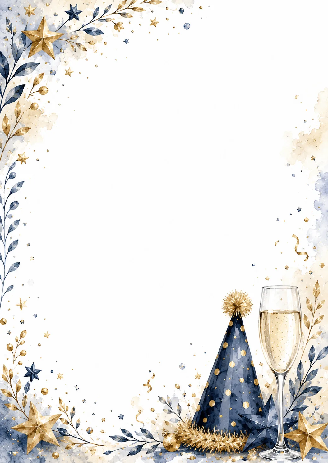 Elegant festive stationery with blue party hat, champagne glass and sparkling star border.