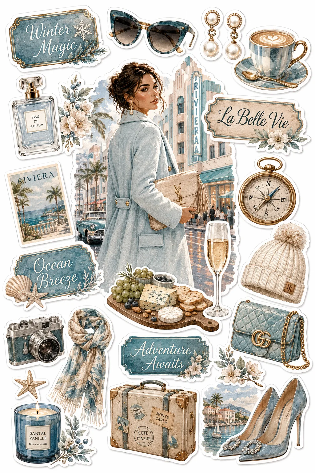 Woman in a light blue coat walking through a coastal resort near luxury blue fashion sticker cutouts.