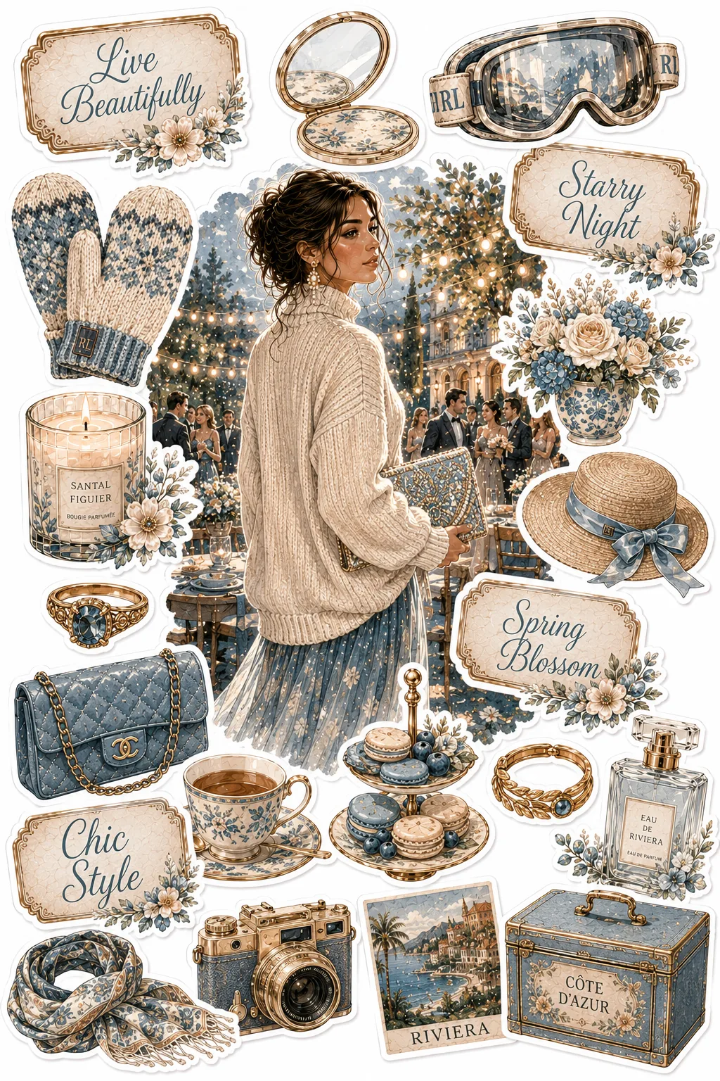 Woman in a cream sweater at a garden party with blue travel trunk and teacup sticker cutouts.