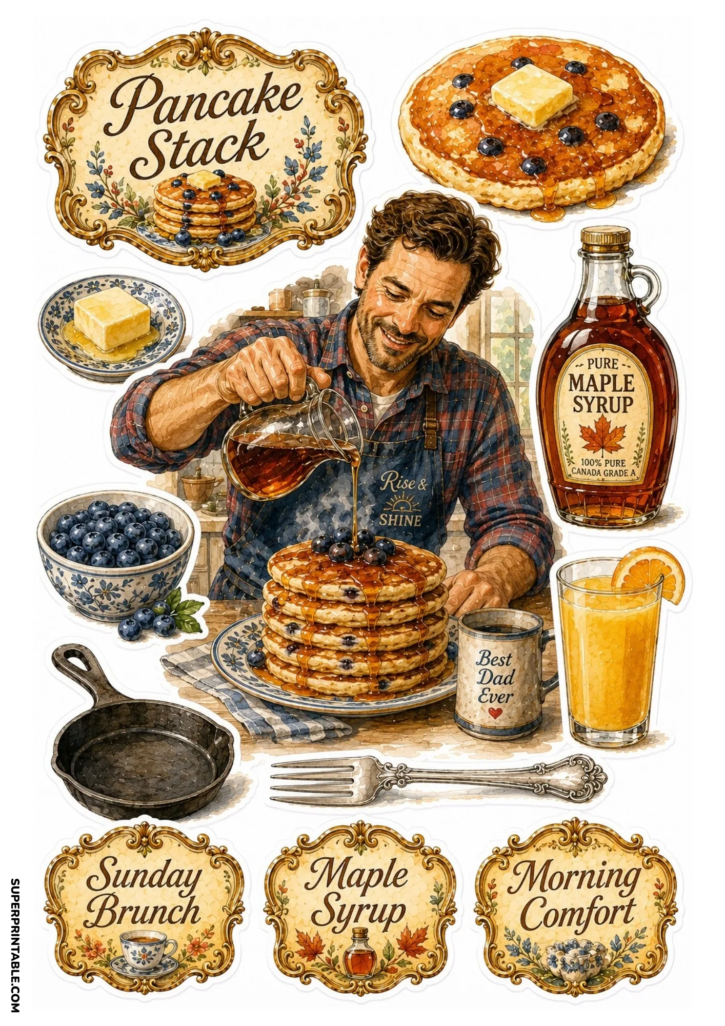 Blueberry pancake stack sticker sheet depicting a man pouring maple syrup, blueberry bowl, orange juice, and skillet.