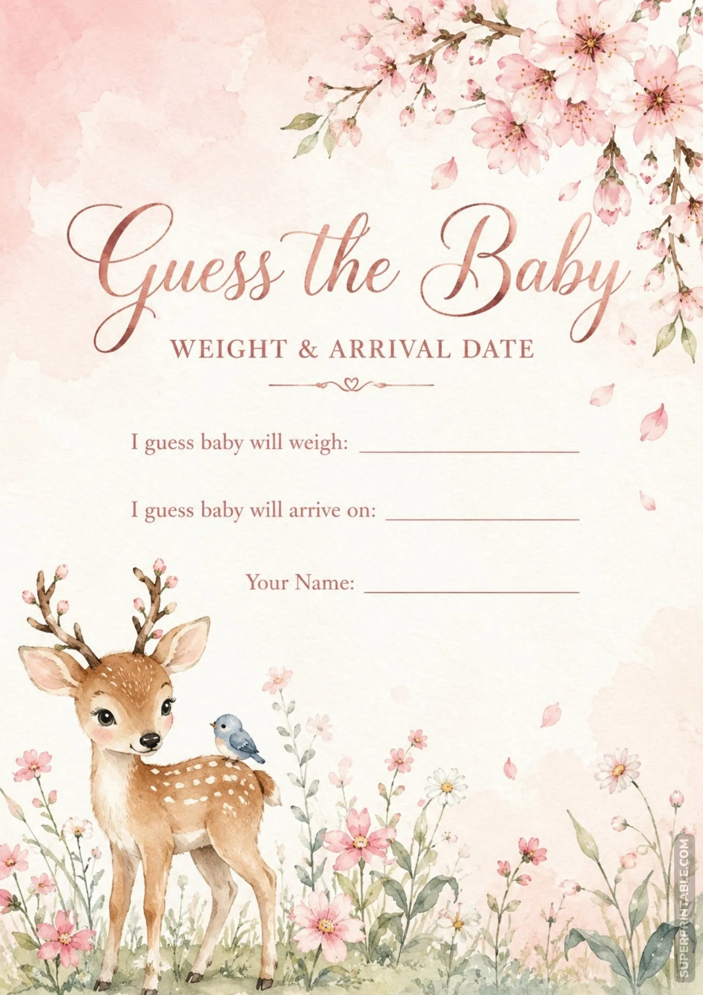 Blush pink floral baby shower guess the baby printables card with a cute fawn deer and cherry blossoms.