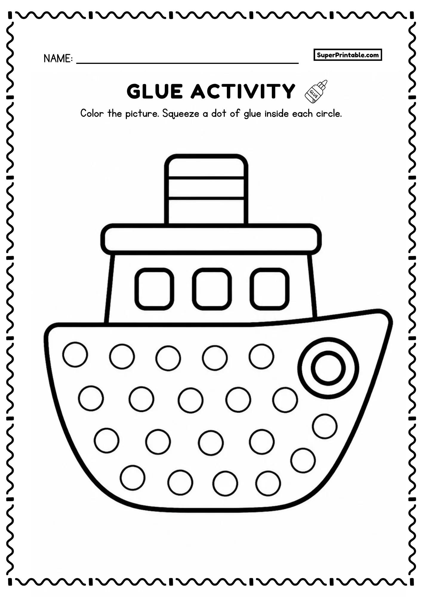 Boat glue activity worksheet with easy dot circles across the hull for young kids