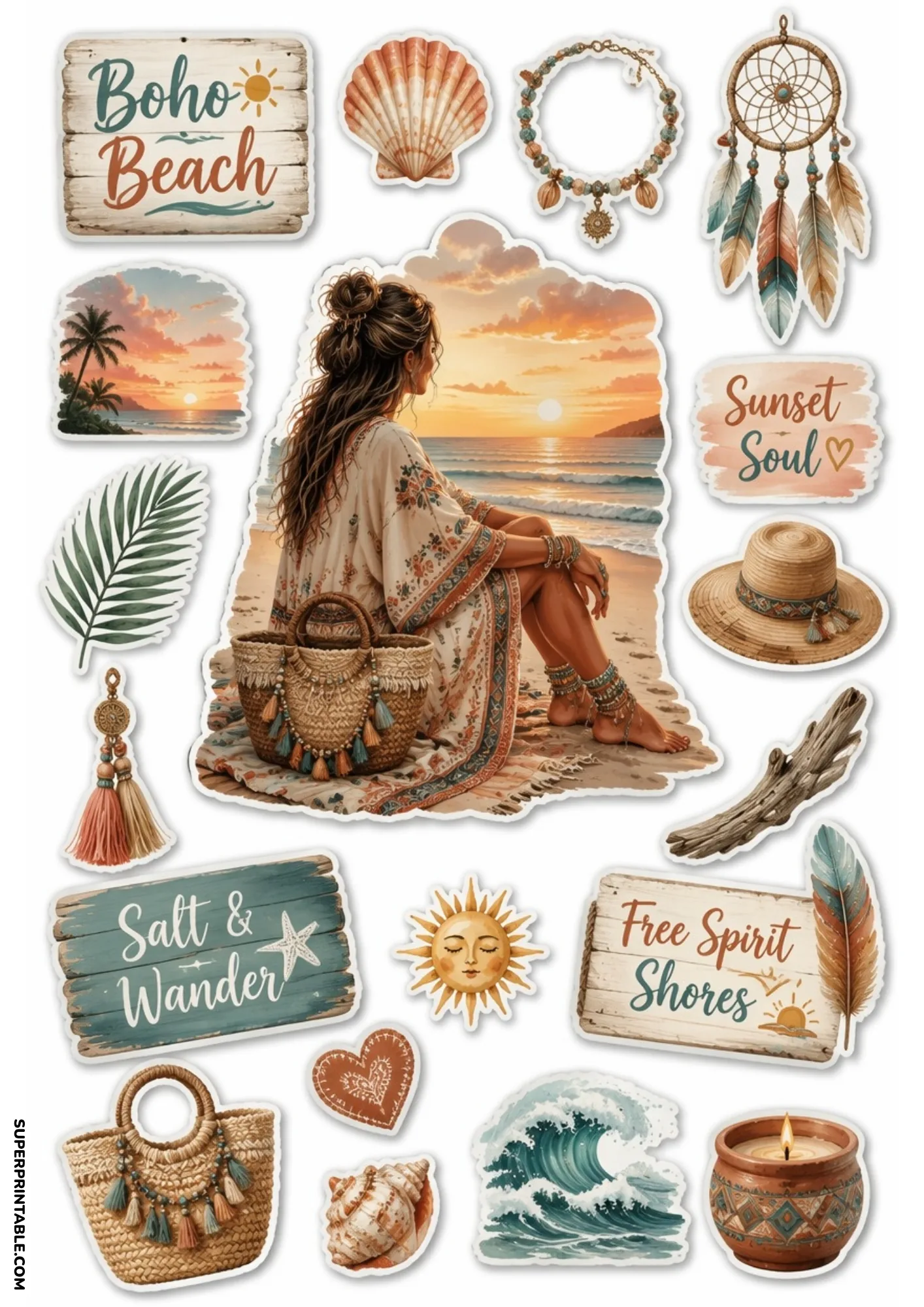 Boho beach stickers featuring a woman sitting on the sand watching a peaceful ocean sunset.