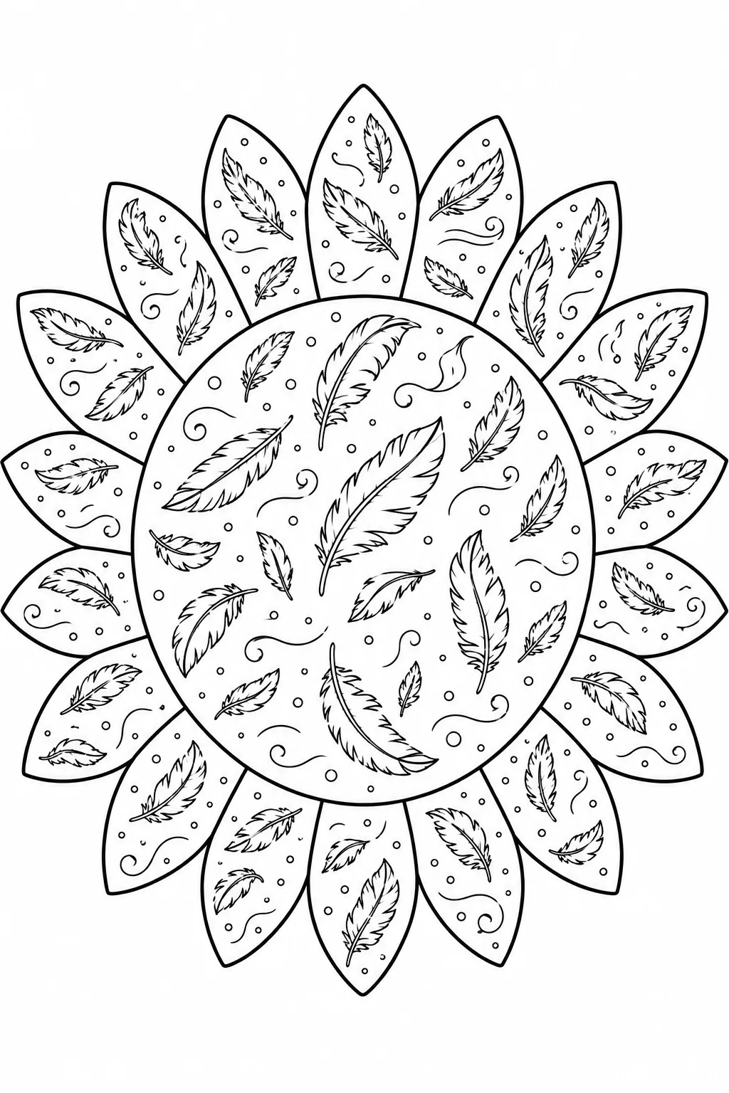 Boho chic sunflower illustration patterned with detailed feathers and swirling lines.