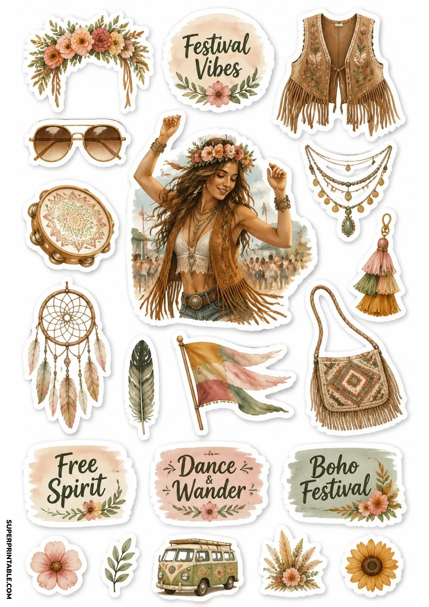 Boho music festival stickers showing a woman in a flower crown dancing at an outdoor event.