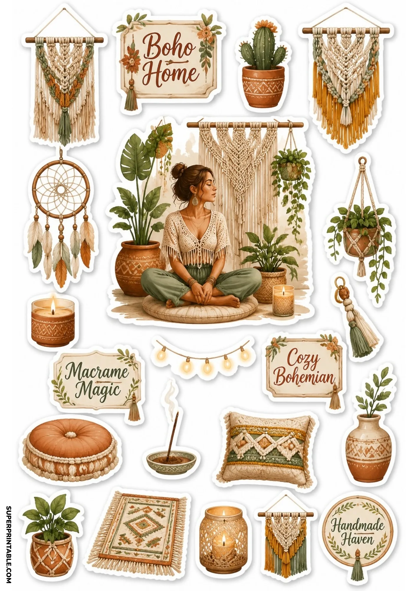 Boho home decor stickers depicting a woman meditating surrounded by macrame and house plants.