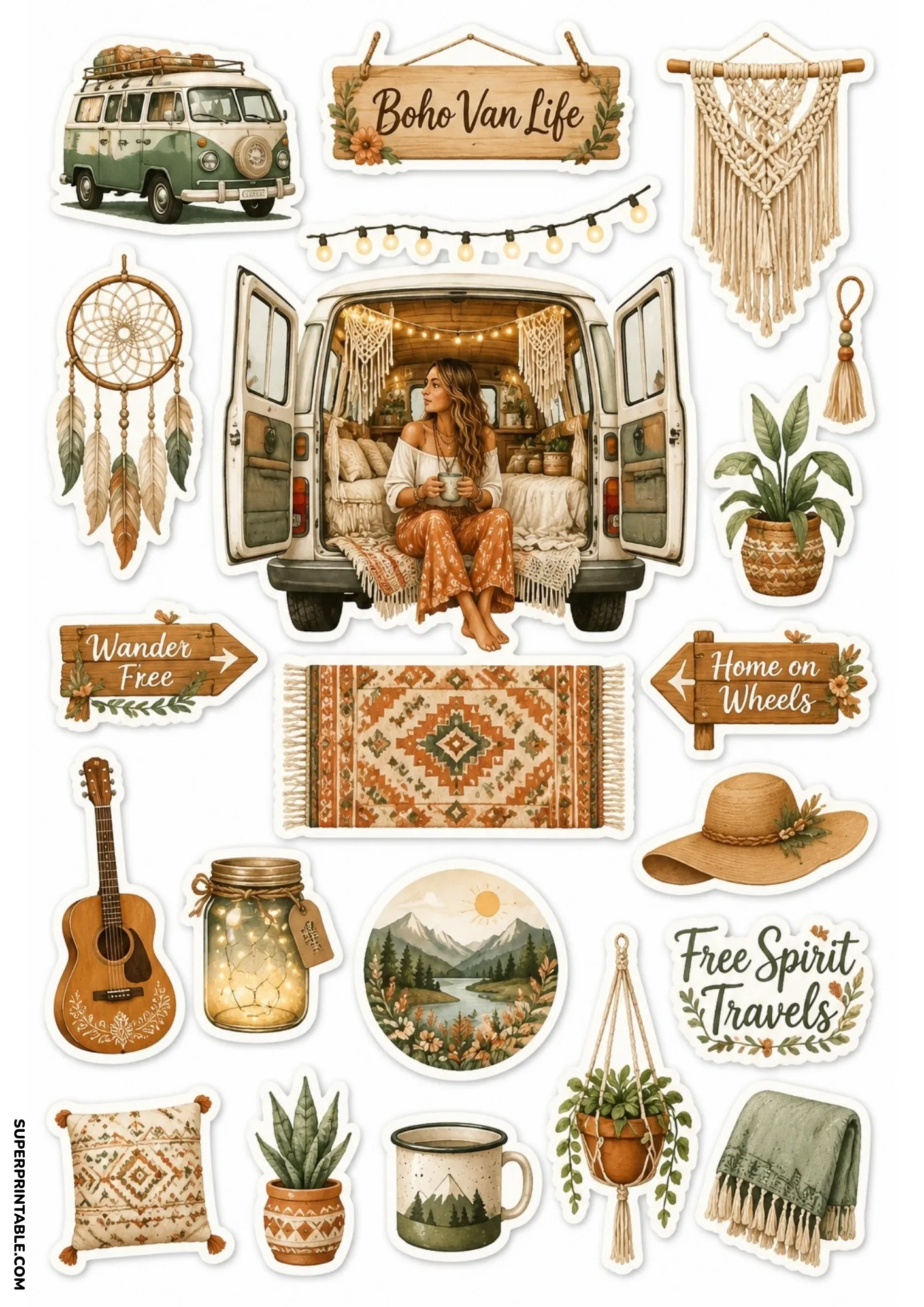 Boho van life stickers showing a woman sitting inside a cozy decorated camper van looking out.