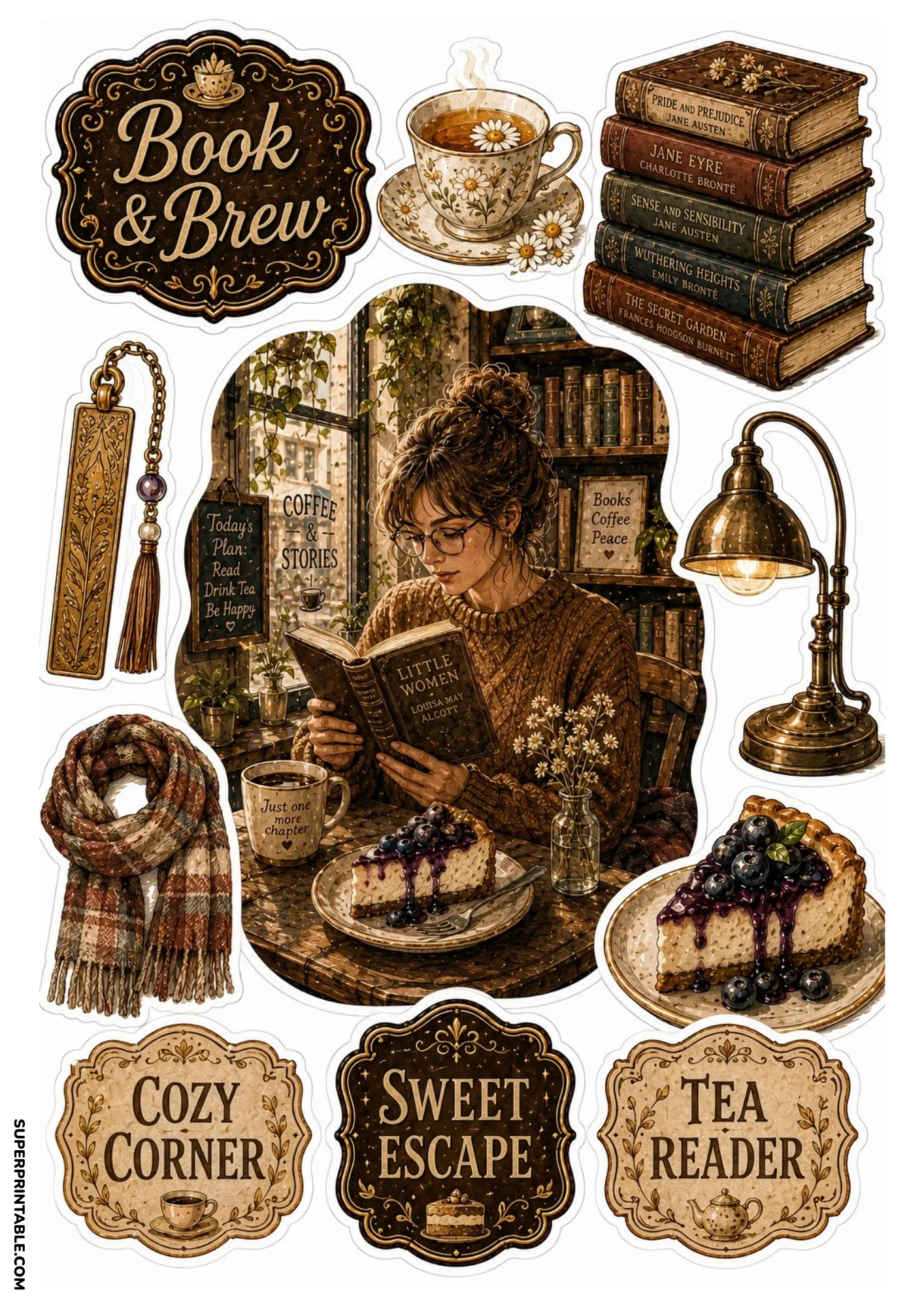 Cozy book and brew sticker sheet showing a girl reading by a window with tea and classic books.