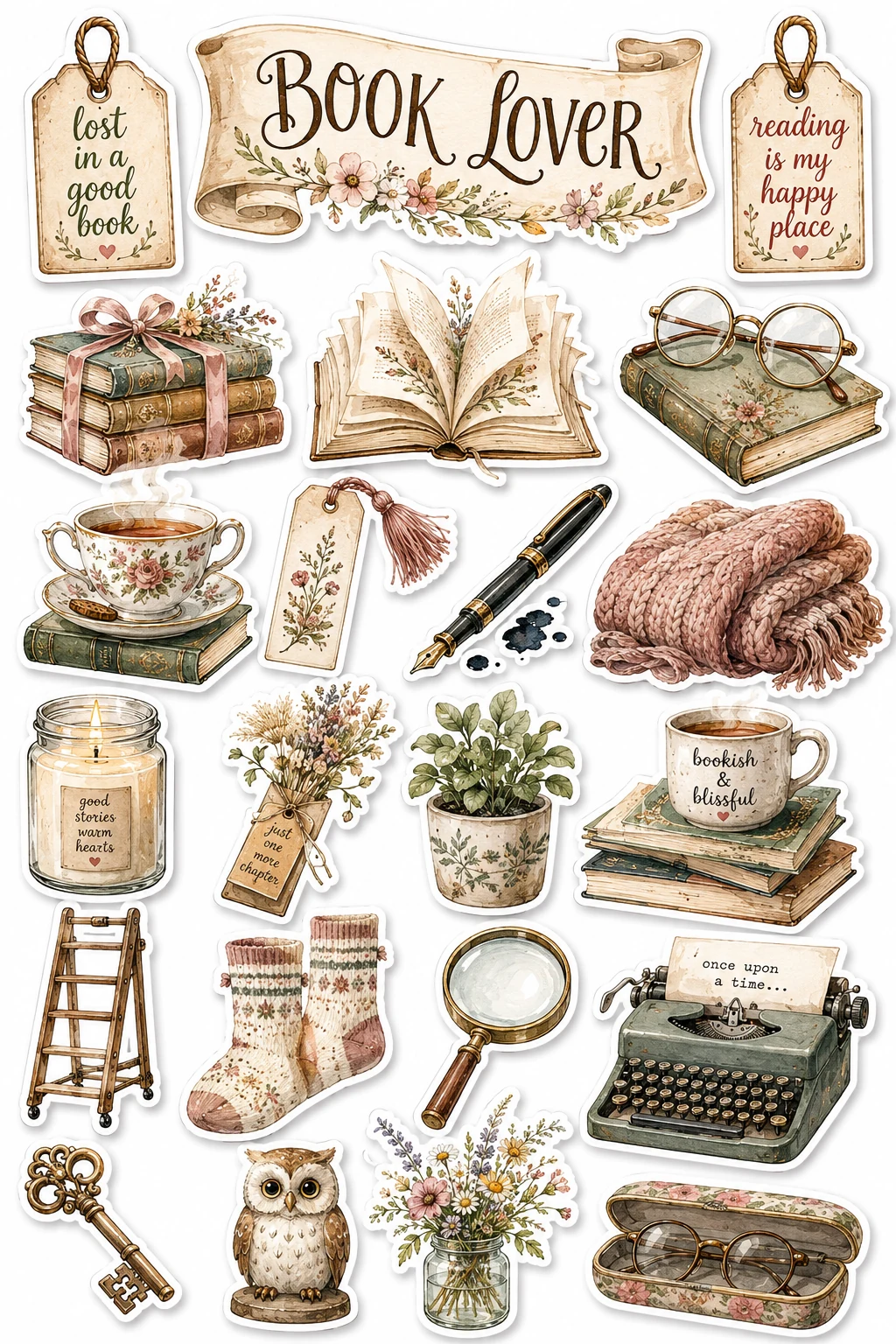 Book Lover Typewriter Glasses Bookmark Sheet featuring reading nooks, vintage books, library aesthetic, and bookshop culture.