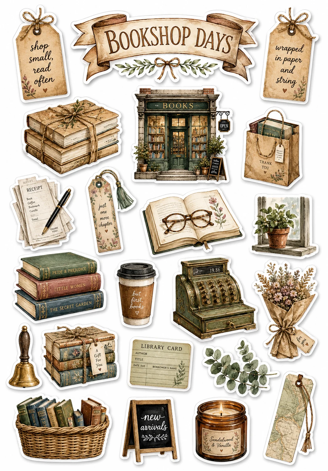 Bookshop Days Storefront Register Sheet featuring reading nooks, vintage books, library aesthetic, and bookshop culture.