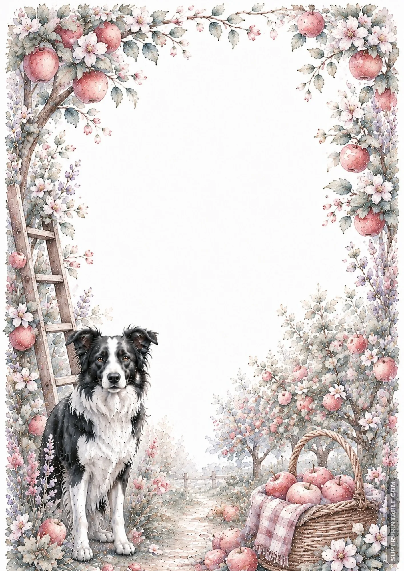 Border collie in an apple orchard with fruit basket framed in soft watercolor borders.