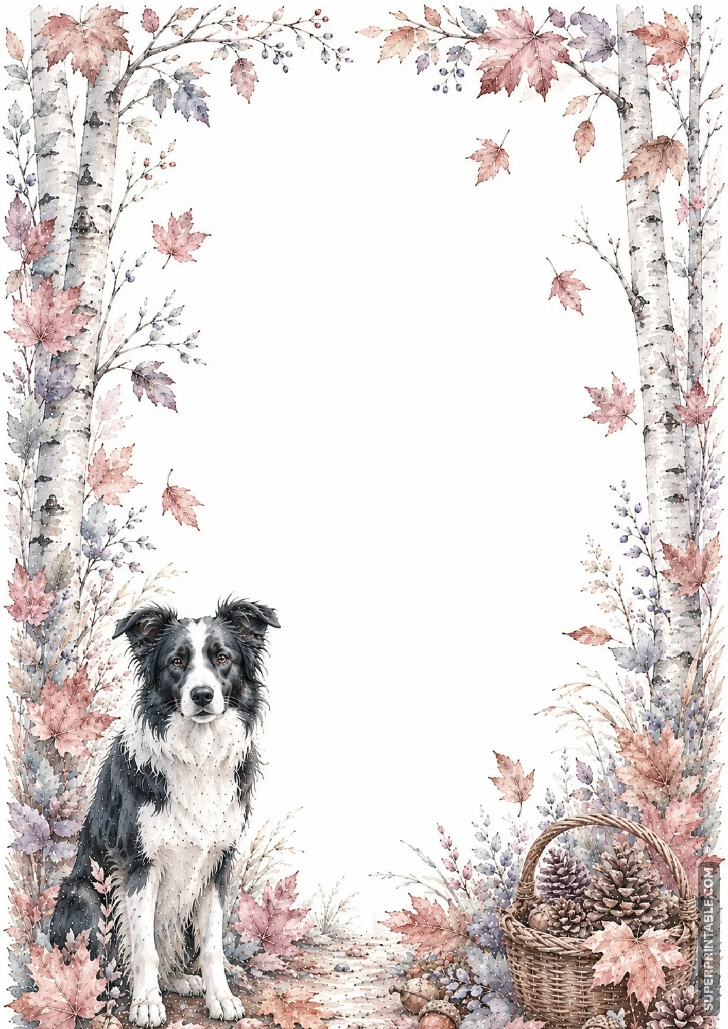 Border collie sitting among red fall maple leaves and pinecones on an autumn border page.