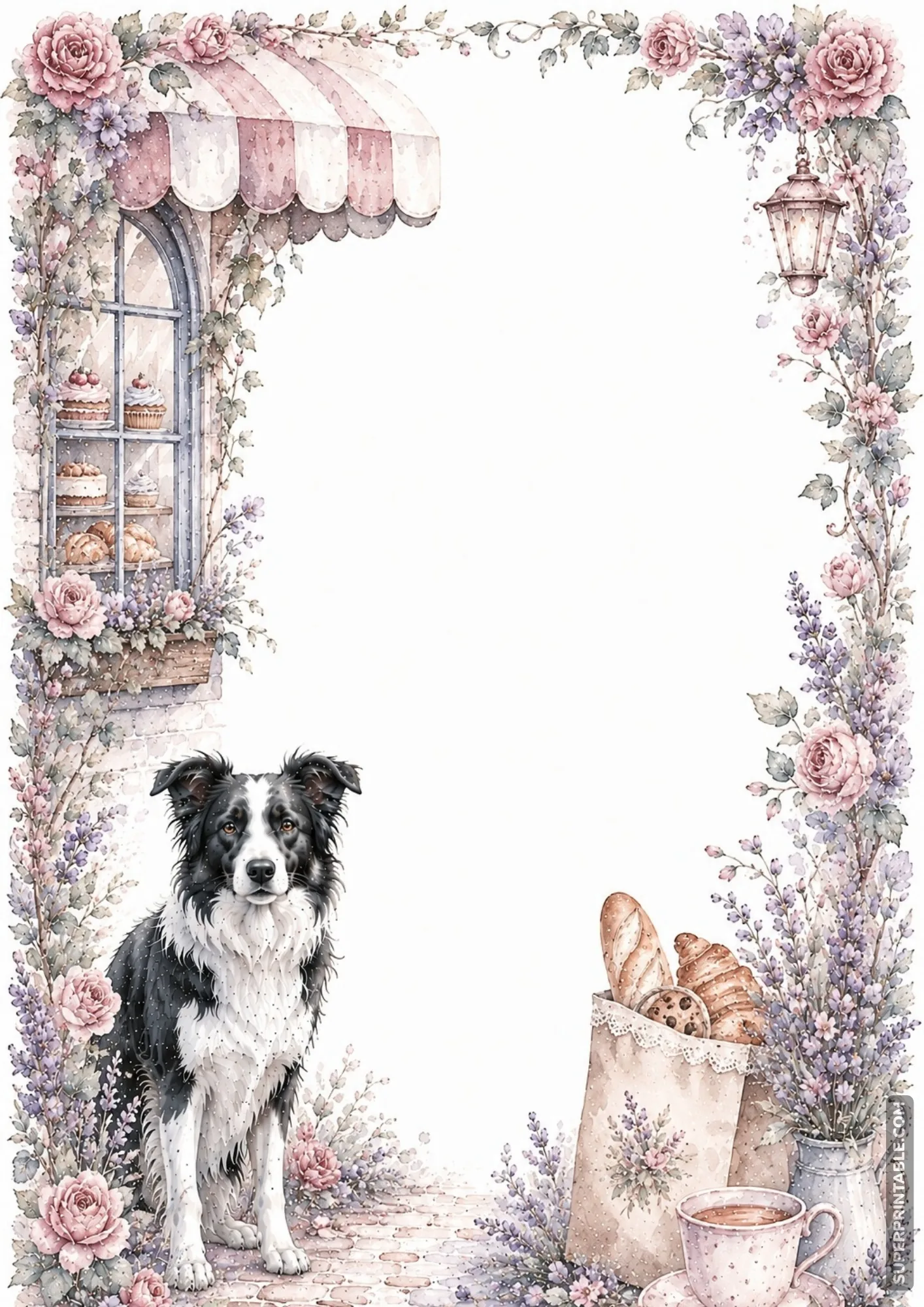 Border collie resting outside a charming pastry bakery window on a watercolor border page.