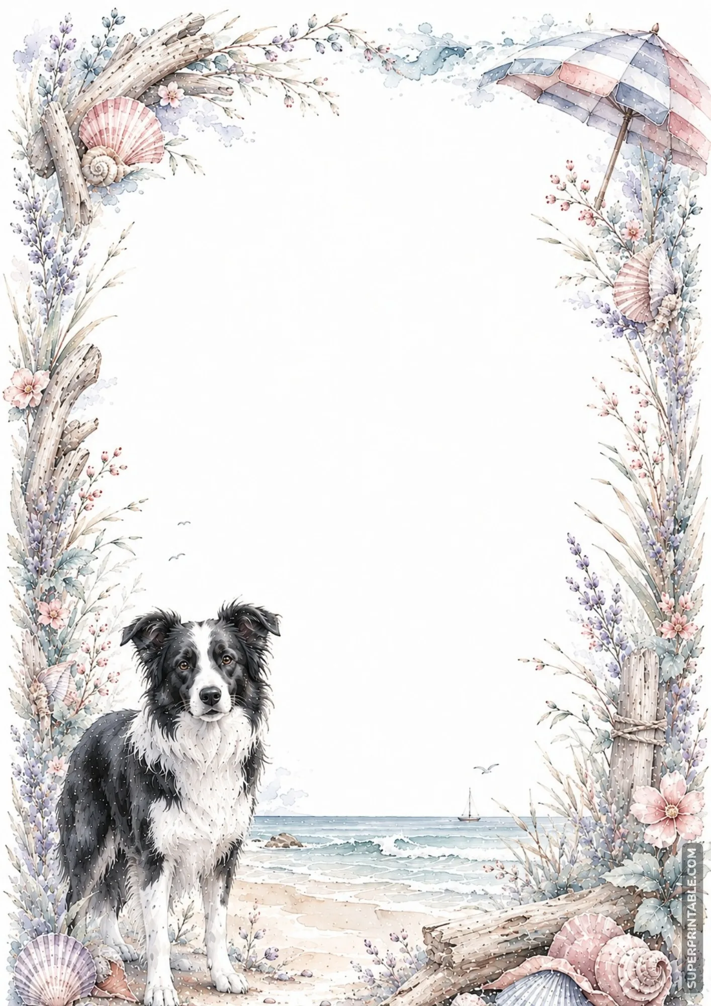 Border collie on a sandy ocean shore under a striped umbrella on beach border paper.