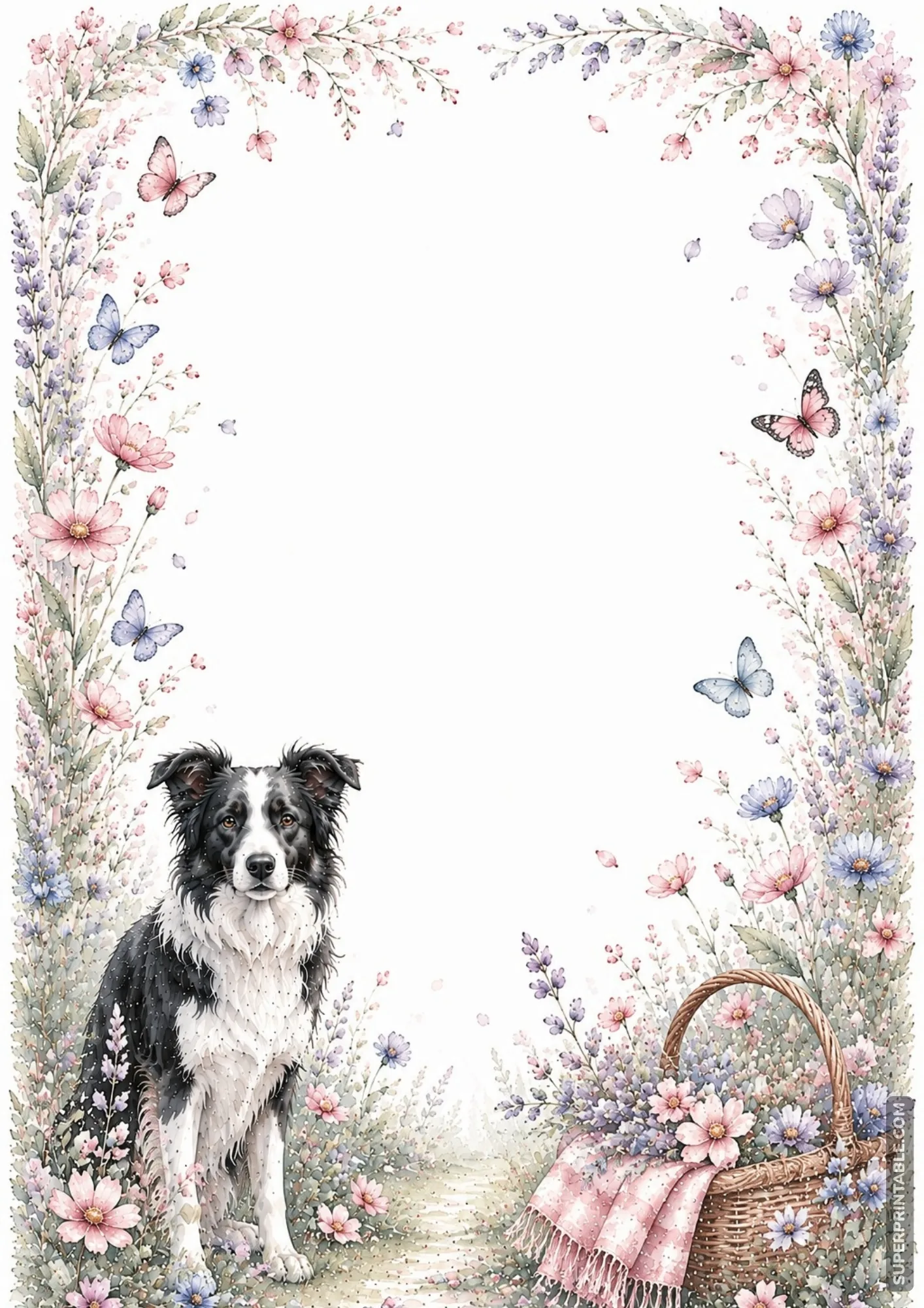 border collie border pages showing a dog in a wildflower meadow with soft butterflies.