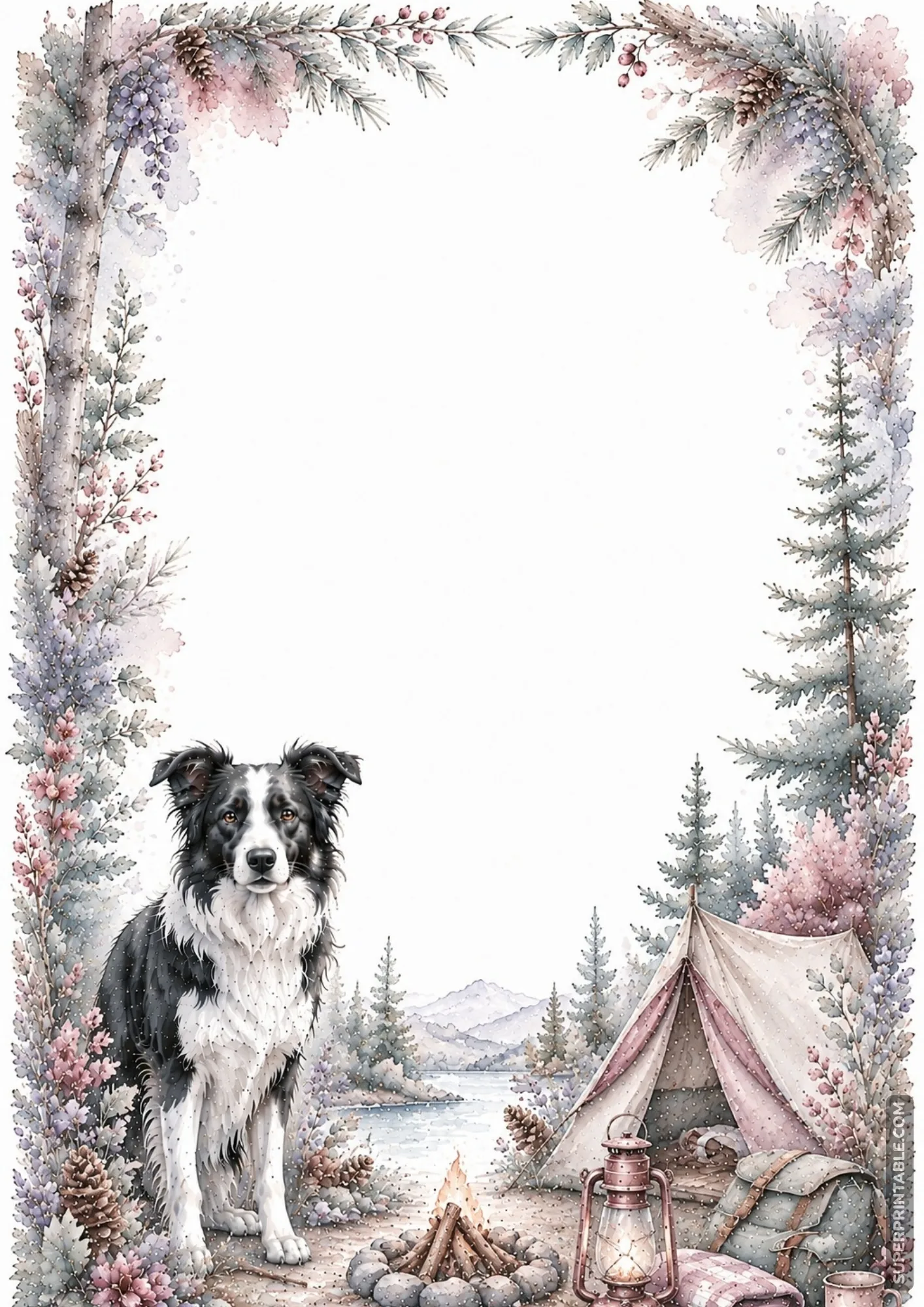 Border collie sitting near a cozy campfire and camping tent on a serene forest border page.