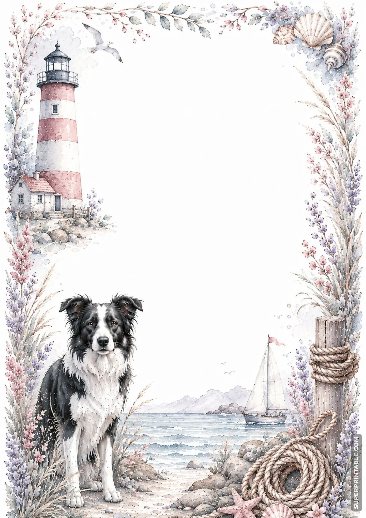 border collie border pages featuring a dog on a sandy beach with lighthouse and sailboat.