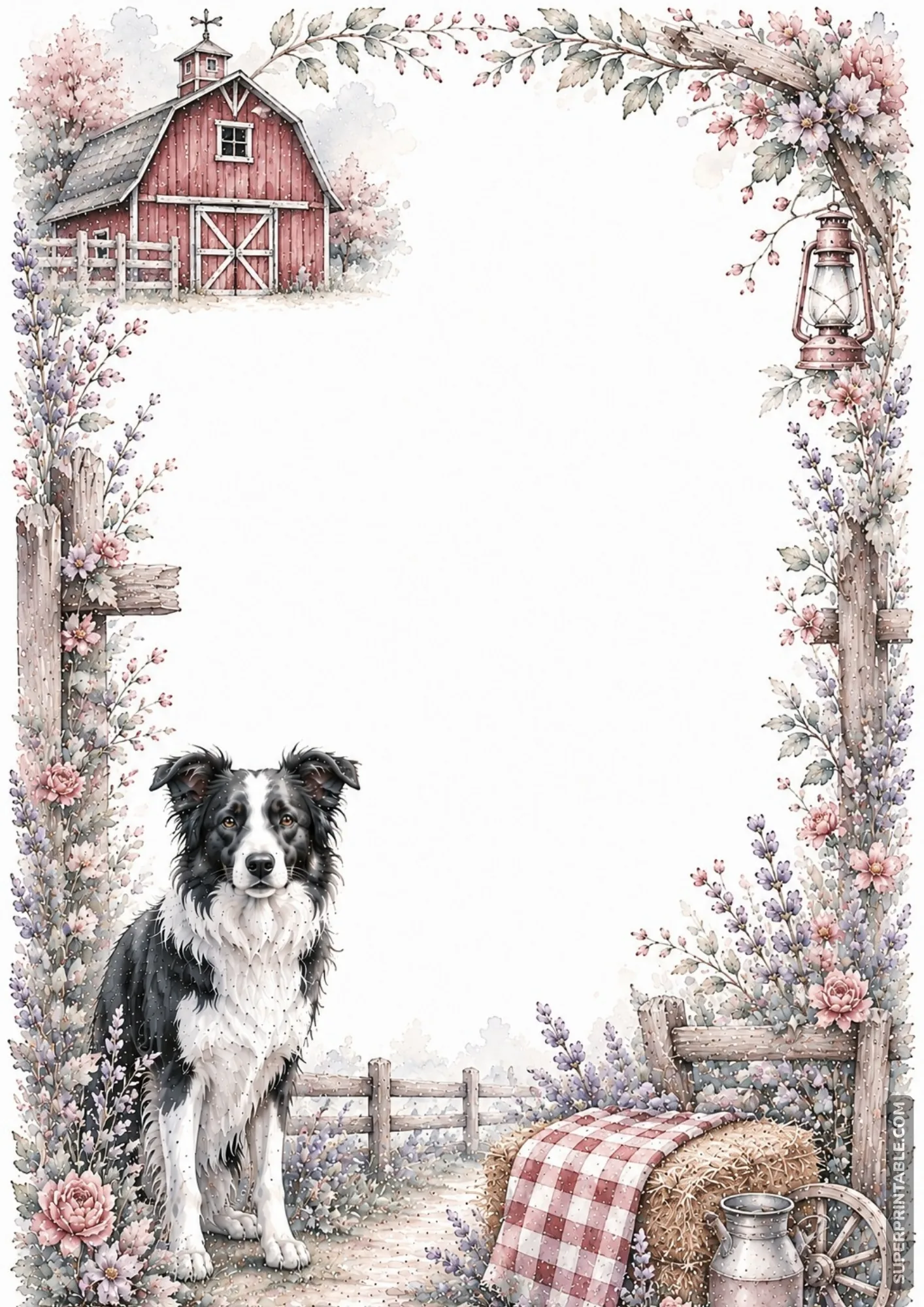 Border collie seated near a rustic wooden fence and red barn on a country style border page.